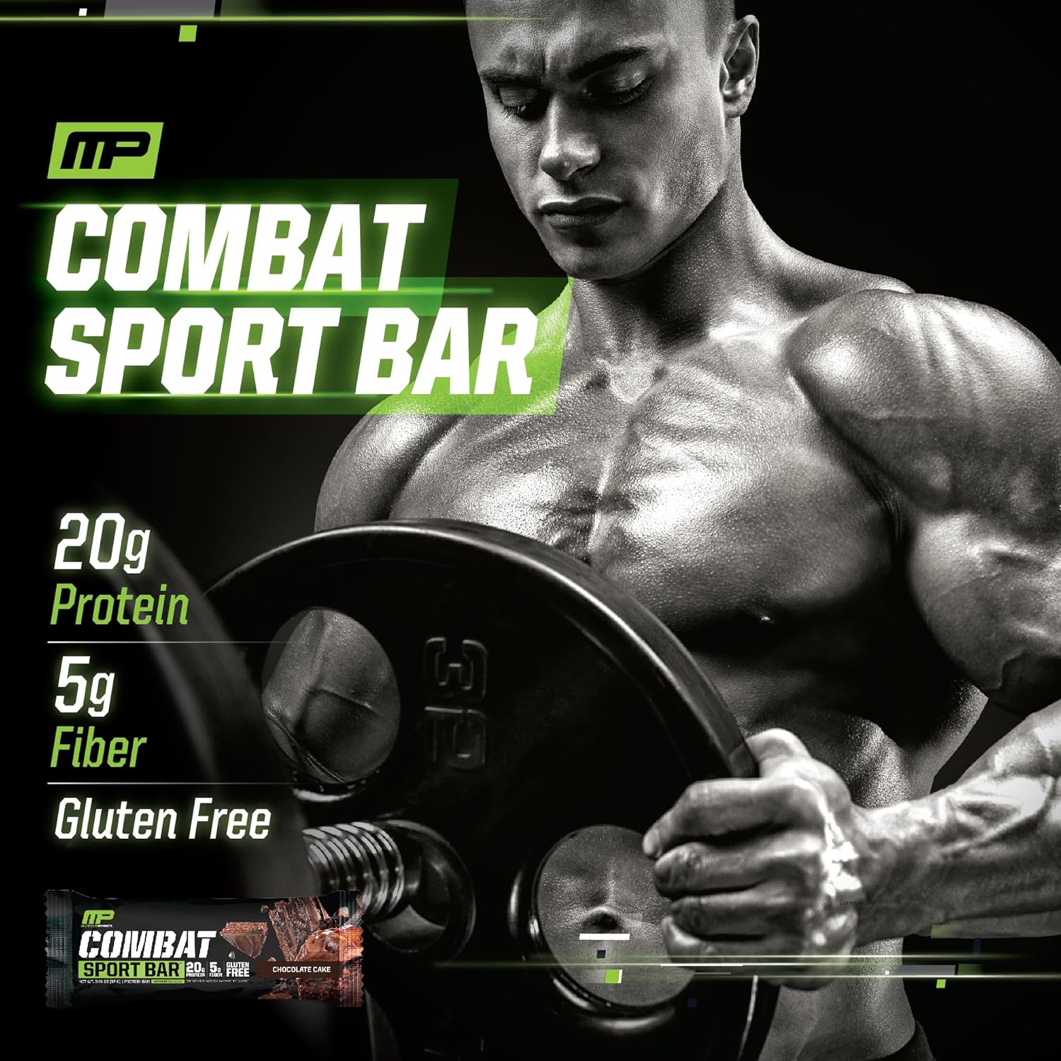 Muscle Pharm Combat Sport Bar, Chocolate Cake Flavor - High Protein Bars with 20g Whey Protein, 5g Fiber, Gluten Free 12 Bars - Combat Cravings & Fuel Performance - Espot.com.au