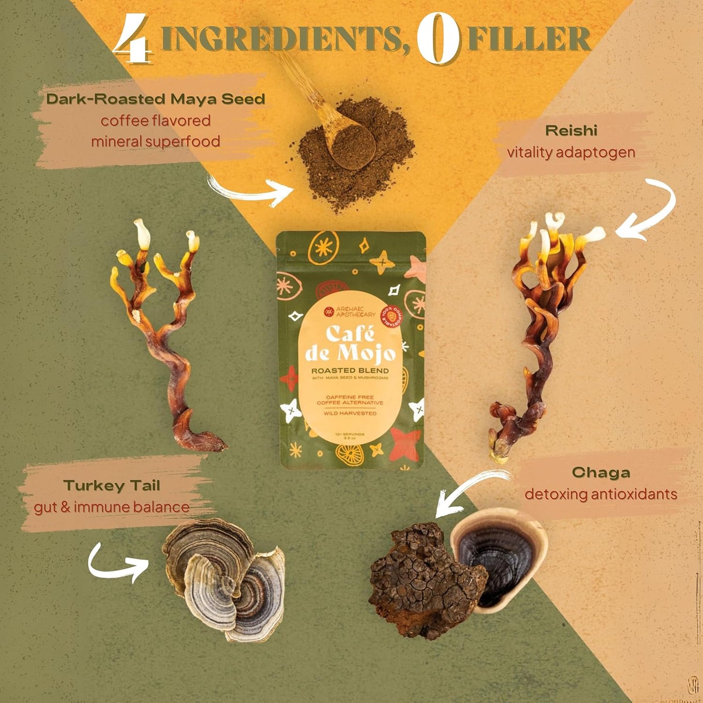 Decaf Mushroom Coffee Alternative with Adaptogenic Mushrooms and Superfood Extracts - Caffeine-Free Maya Nut Brew - Espot.com.au