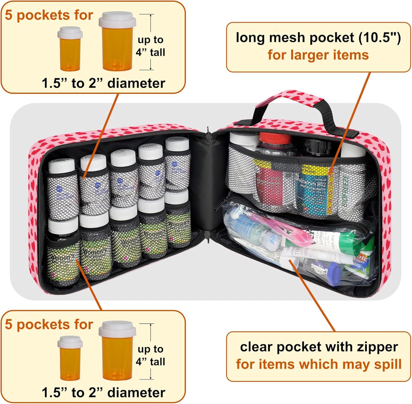 large-padded-pill-bottle-organizer-bag---travel-home-medicine-storage-case-for-medications-vitamins-medical-supplies---hearts-design---no-lock-2