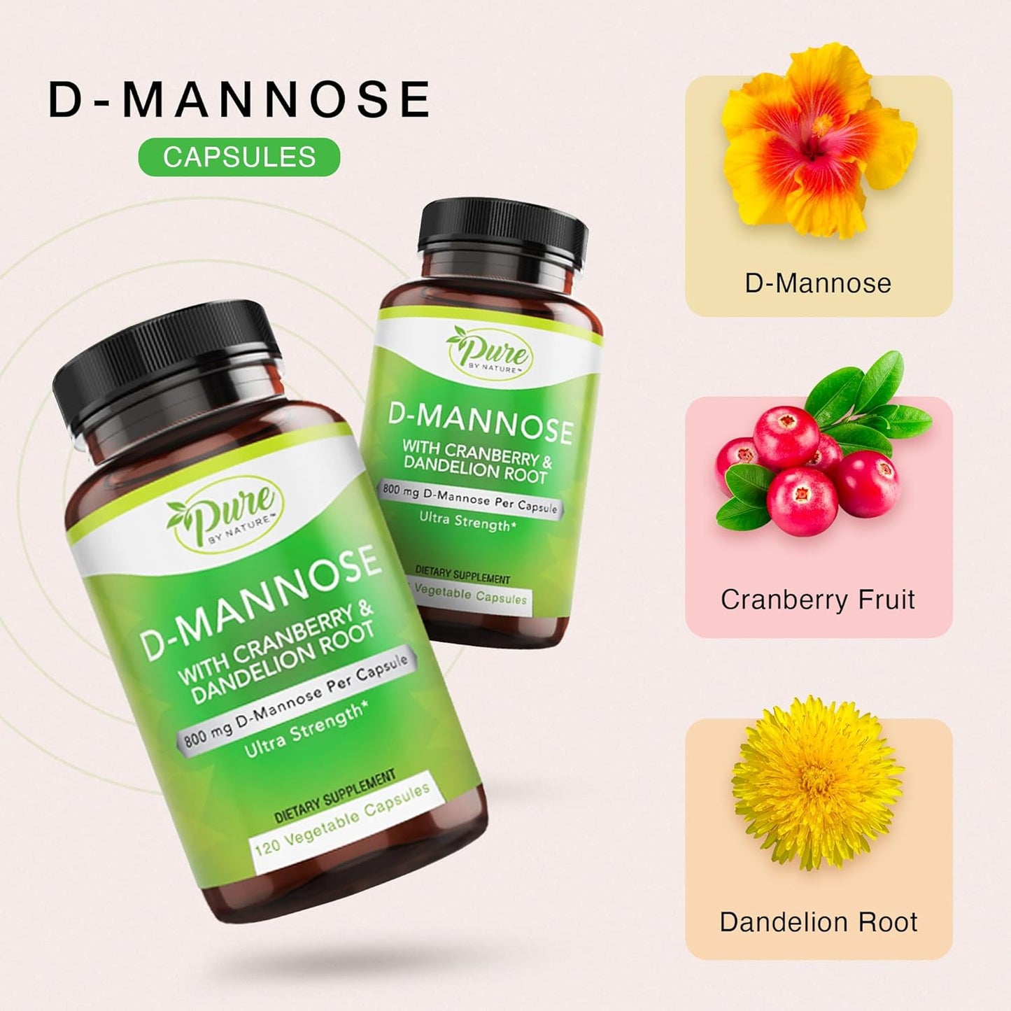 Natural D-Mannose with Cranberry and Dandelion Root Capsules - 120 Count - Espot.com.au
