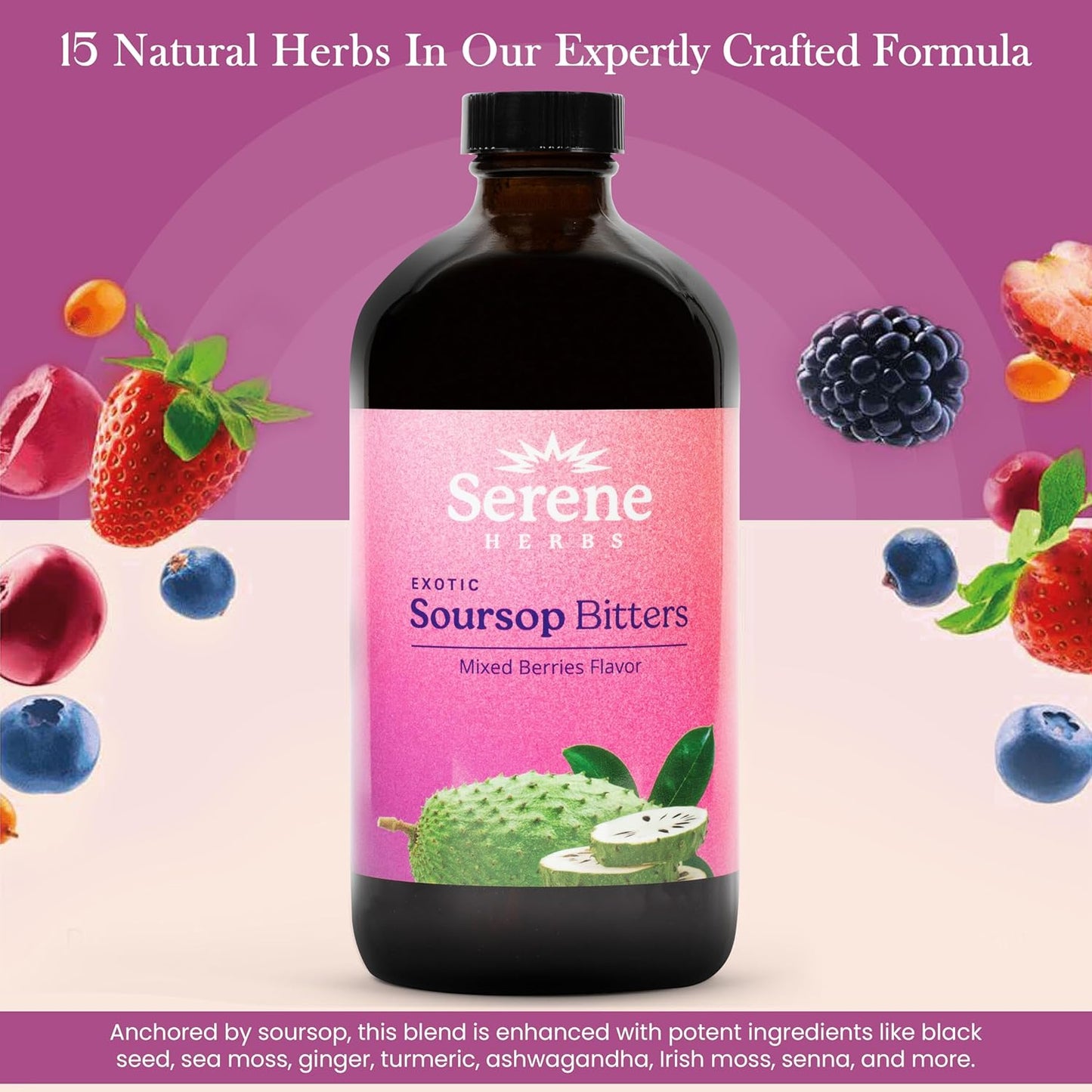 Organic Mixed Berry Soursop Bitters Liquid for Gut Cleanse & Immune Boost - 16 fl oz | Black Seed, Moringa, Irish Moss | 32 Servings - Espot.com.au