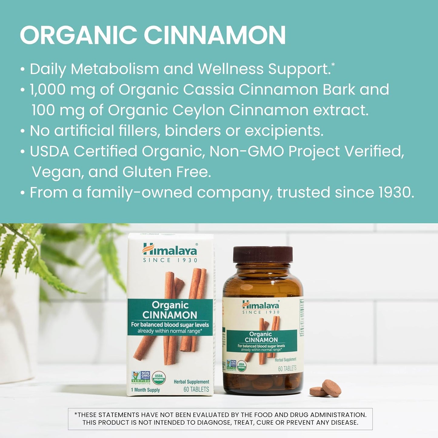 Organic Cinnamon Tablets for Glycemic Support - 1100mg Daily - Cassia & Ceylon Cinnamon Extract - Non-GMO - Vegan & Gluten-Free - 60 Tablets - Espot.com.au