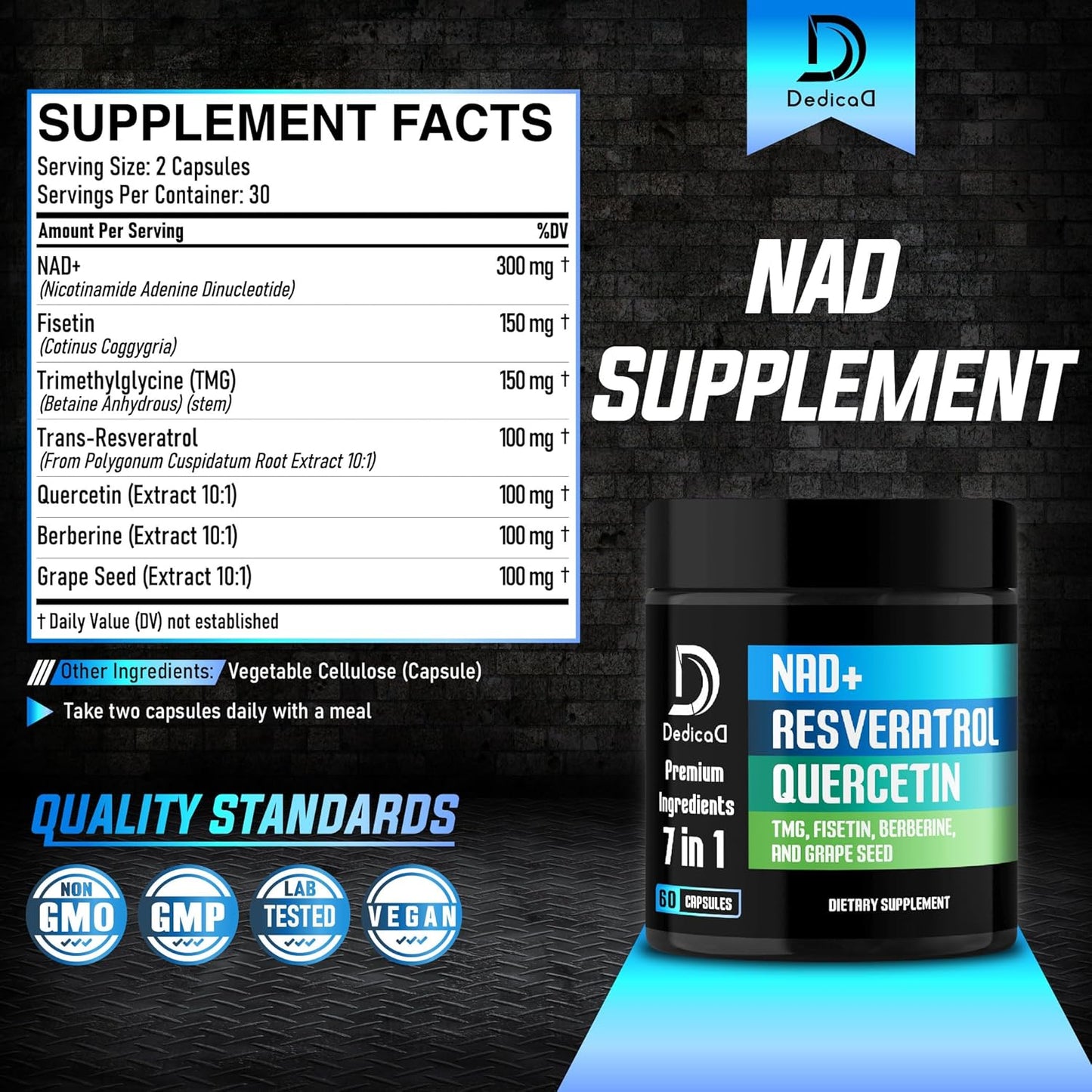 1000mg DEDICAD NAD+ Supplement with Resveratrol, Quercetin, Berberine, Fisetin, TMG, Grape Seed - Energy, DNA Repair, Aging Defense, Brain Function - 60 Capsules - Espot.com.au