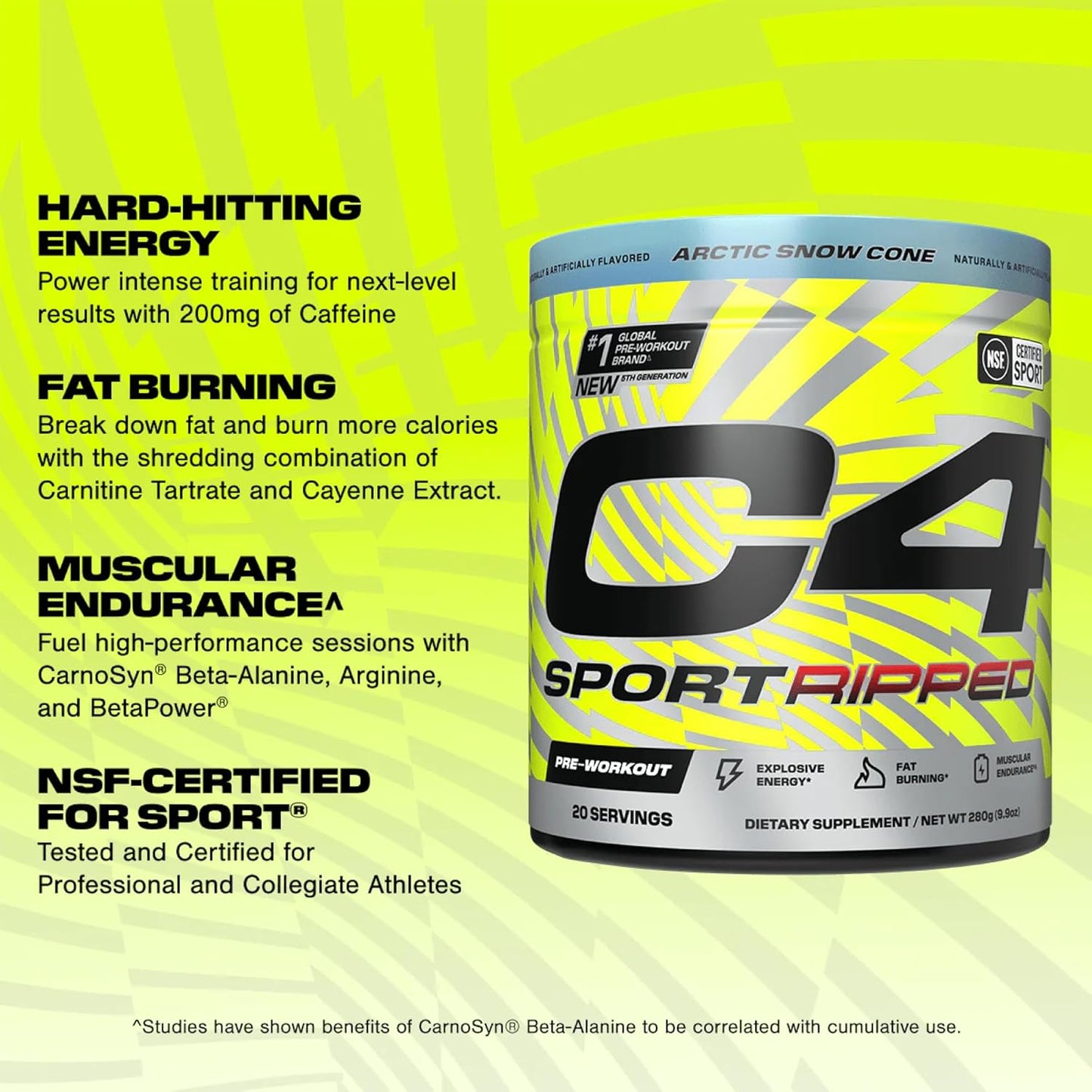 Cellucor C4 Ripped Sport Pre Workout Powder - NSF Certified for Sport - 200mg Caffeine + Cayenne Extract + Carnitine Tartrate + Beta-Alanine - Arctic Snow Cone, 20 Servings - Energy Booster with Fat-Burning Ingredients - Espot.com.au