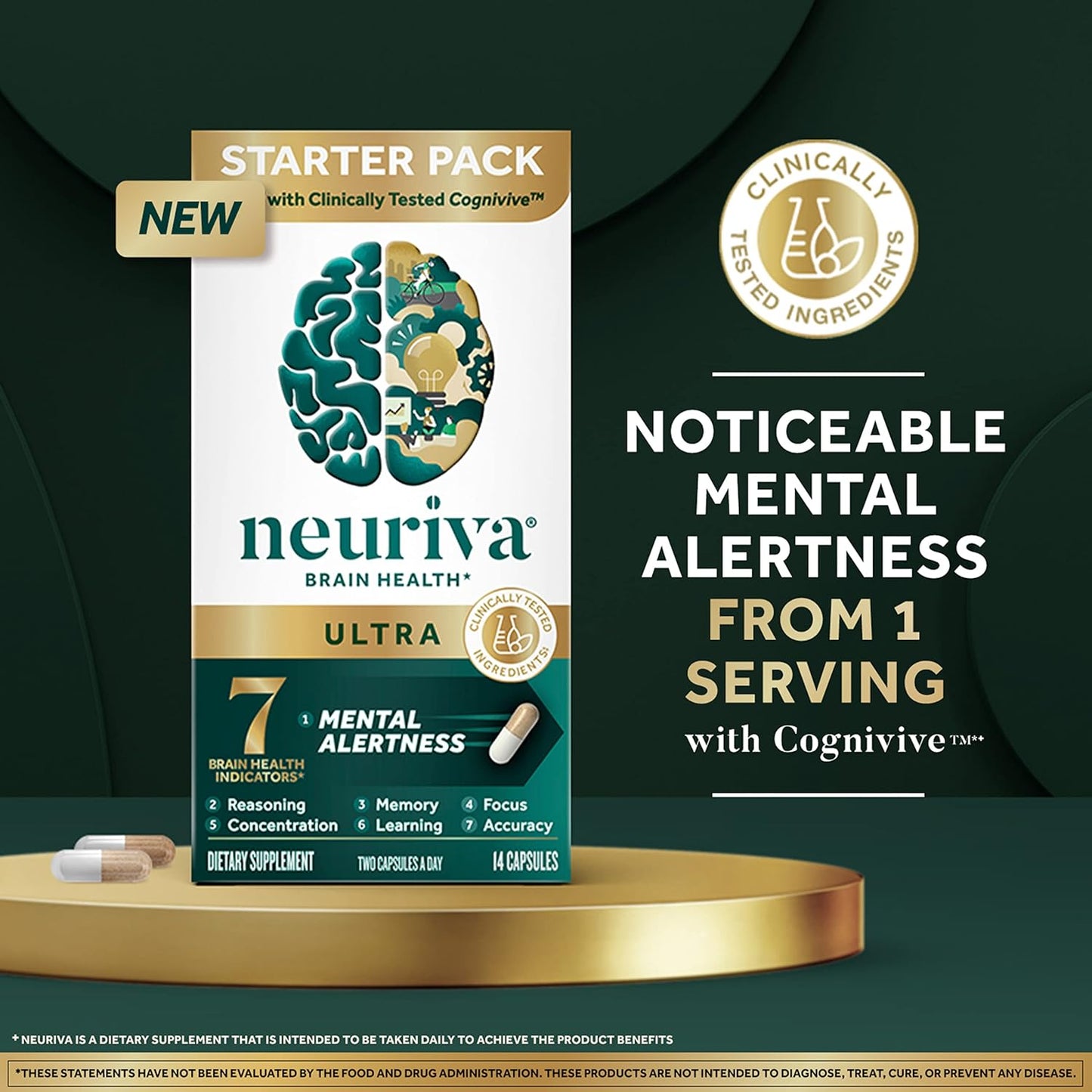 NEURIVA Ultra Decaffeinated Brain Supplement for Mental Alertness, Memory & Focus - Clinically Tested Nootropic with Cognivive, Neurofactor, Phosphatidylserine, Vitamins B6 & B12 - 14ct Capsules - Espot.com.au