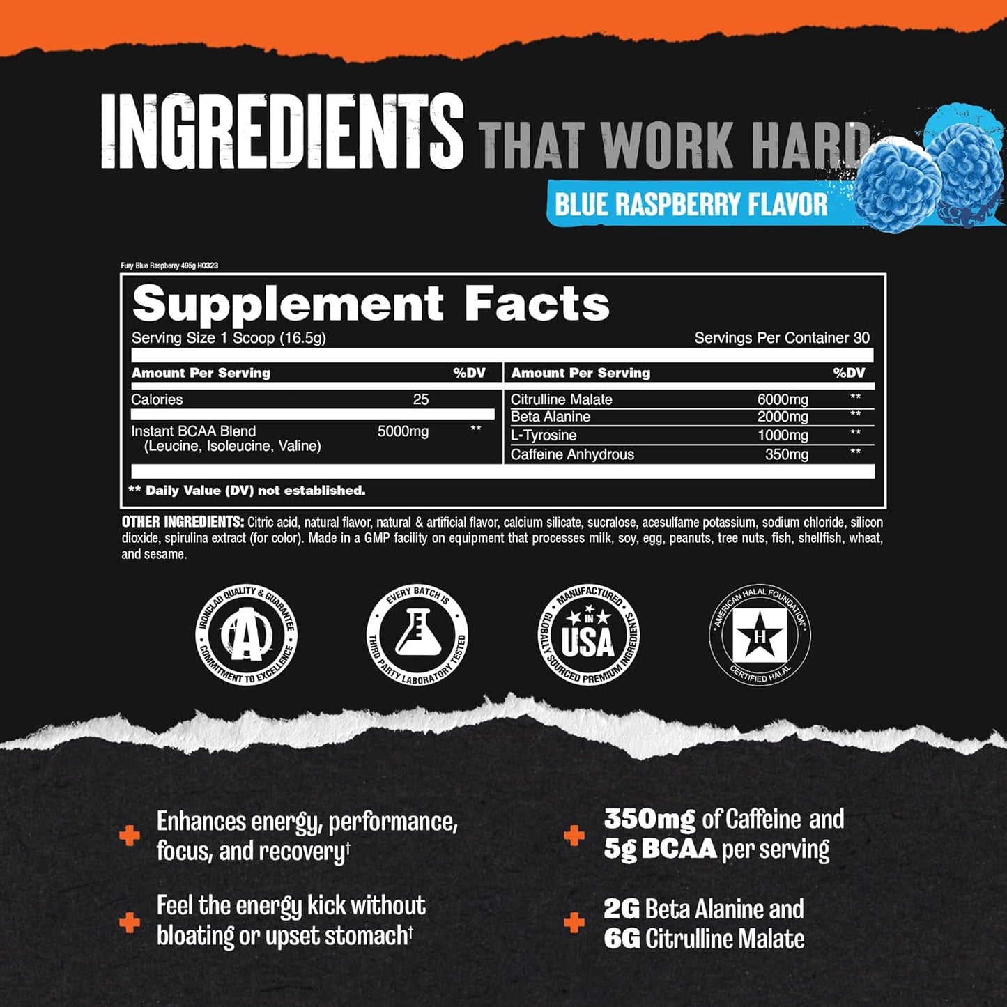 Blue Raspberry Animal Fury Pre Workout Powder - Energy & Focus Supplement with BCAAs, Caffeine, Beta-Alanine - Nitric Oxide Booster - Preworkout for Men & Women - 30 Servings - Espot.com.au