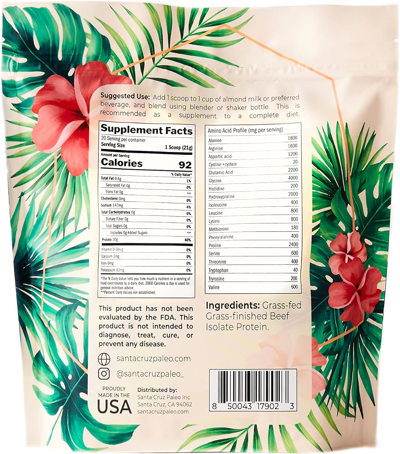 santa-cruz-grass-fed-paleo-beef-isolate-protein-powder---rich-in-collagen-peptides---gluten-free-keto-and-sugar-free---20g-protein-per-serving---low-calorie-clean-powder---116-lb-6