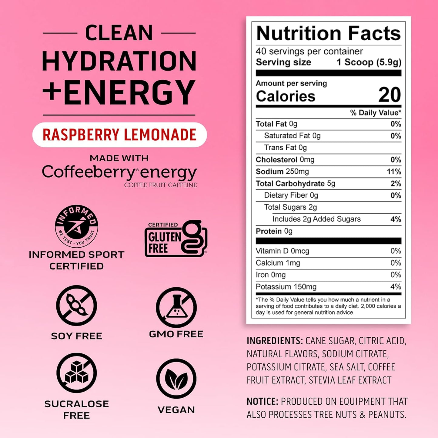 Ascent Clean Hydration + Energy Electrolytes Powder - Raspberry Lemonade Flavor with 100mg Caffeine and 400mg Electrolytes - No Artificial Ingredients - 40 Servings - Espot.com.au