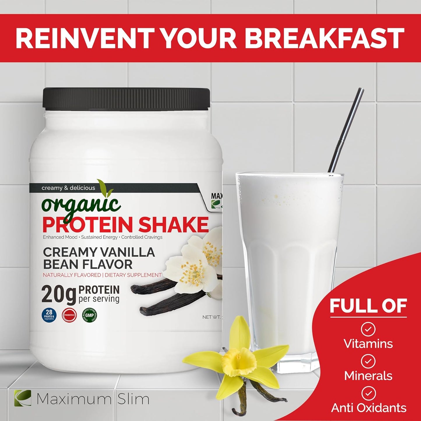 Organic Creamy Vanilla Bean Protein Shake by Maximum Slim - Delicious and Nutritious Option for Weight Management and Muscle Recovery - Espot.com.au