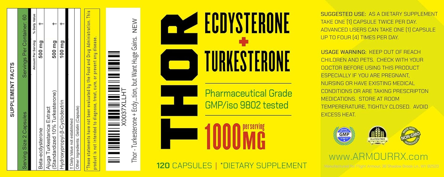 Flight Armour Turkesterone and Ecdysterone Anabolic Supplement - 2 Month Supply (120 Capsules) | Olympic Grade Tested, ISO 17025 Certified | 1000mg - 98%-95% Purity with Lab Synthesized Cyclodextrin - Espot.com.au