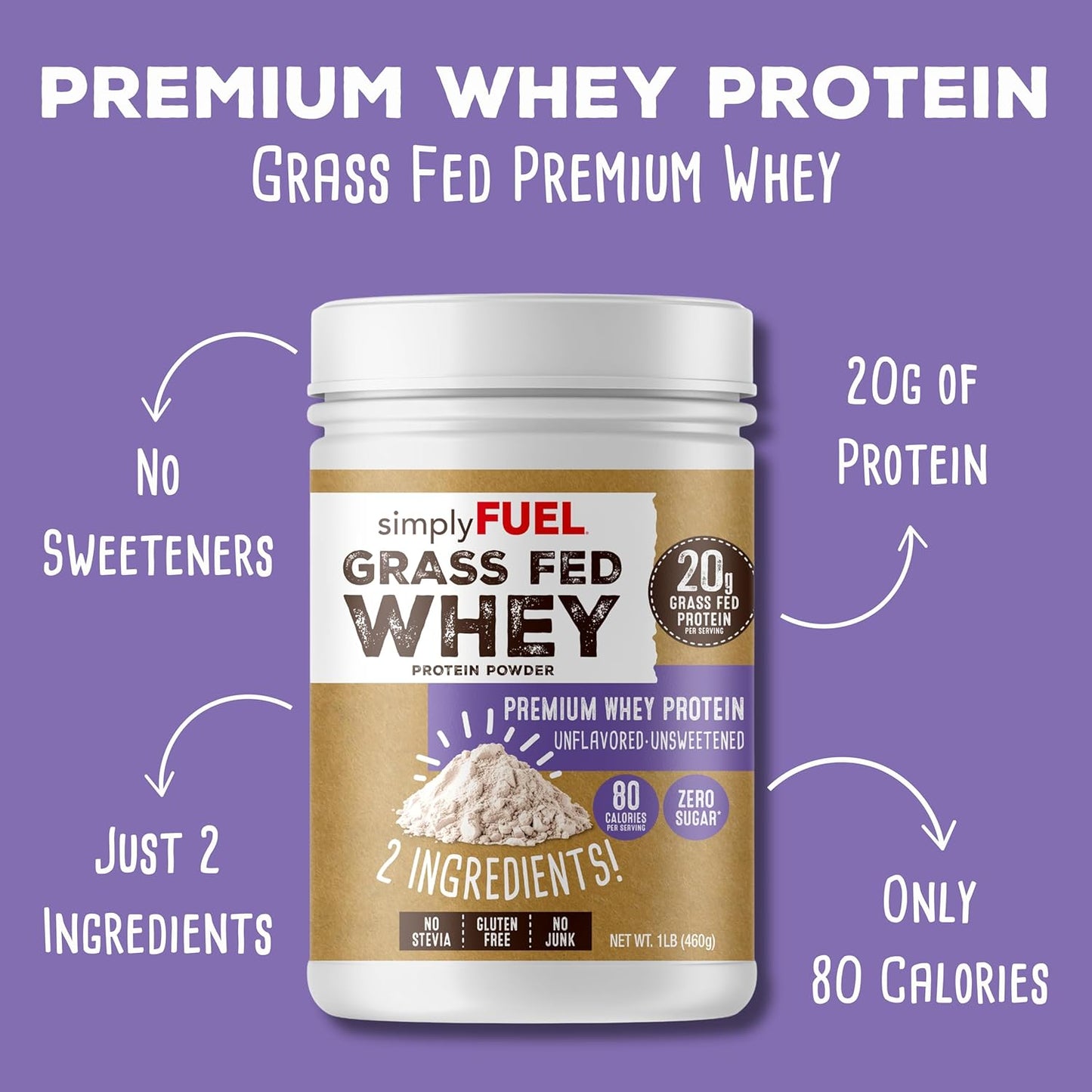 PureFuel Grass Fed Whey Protein Powder - 100% Natural, Unflavored, Unsweetened, Gluten Free, Soy Free - 20g Protein - Zero Sugar, No Carb Clean Protein - 1LB for Muscle Growth and Recovery - Espot.com.au