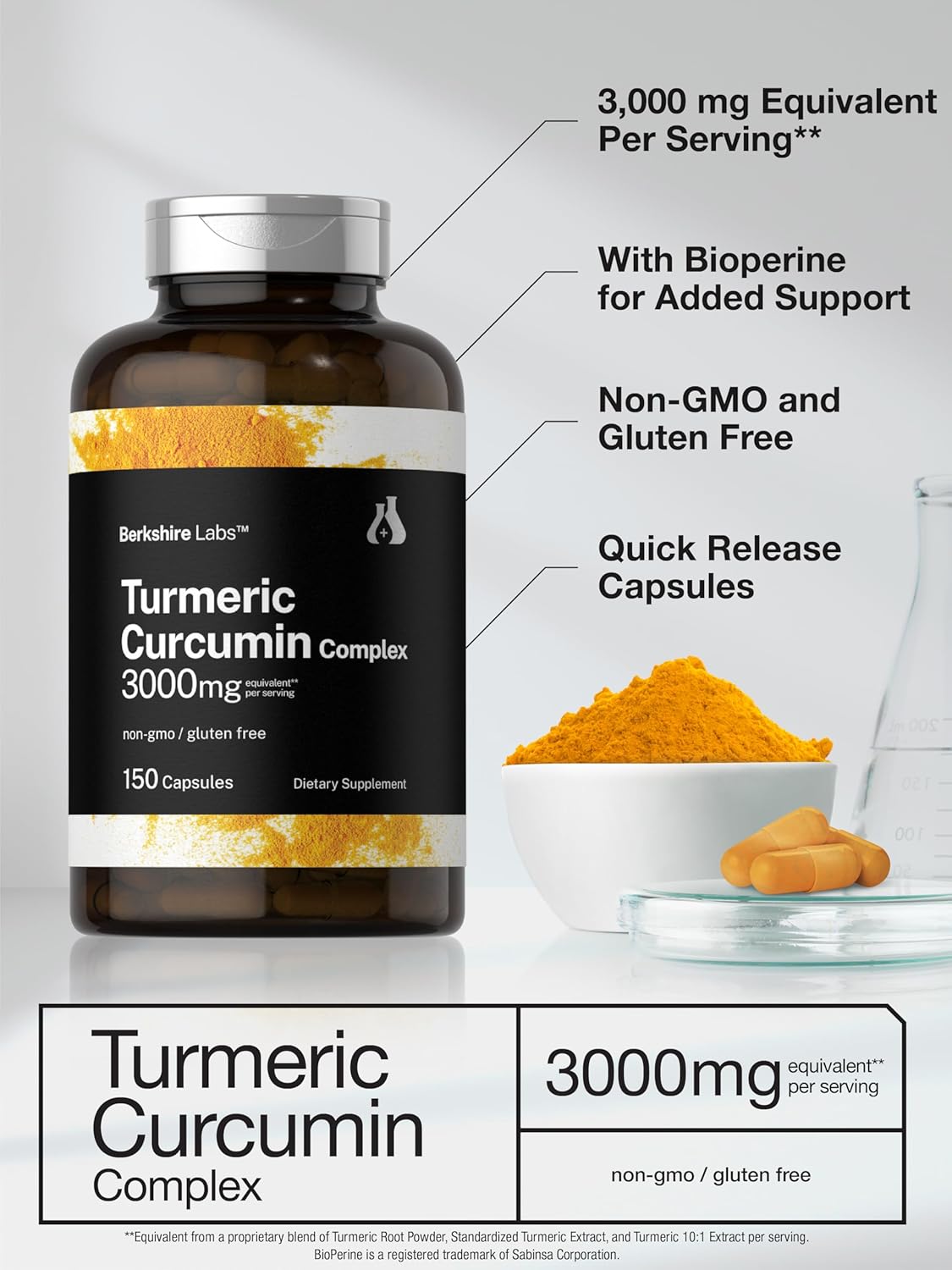 Berkshire Labs Turmeric Curcumin 3000mg Capsules with Black Pepper Extract - Non-GMO, Gluten Free Herbal Supplement - Espot.com.au