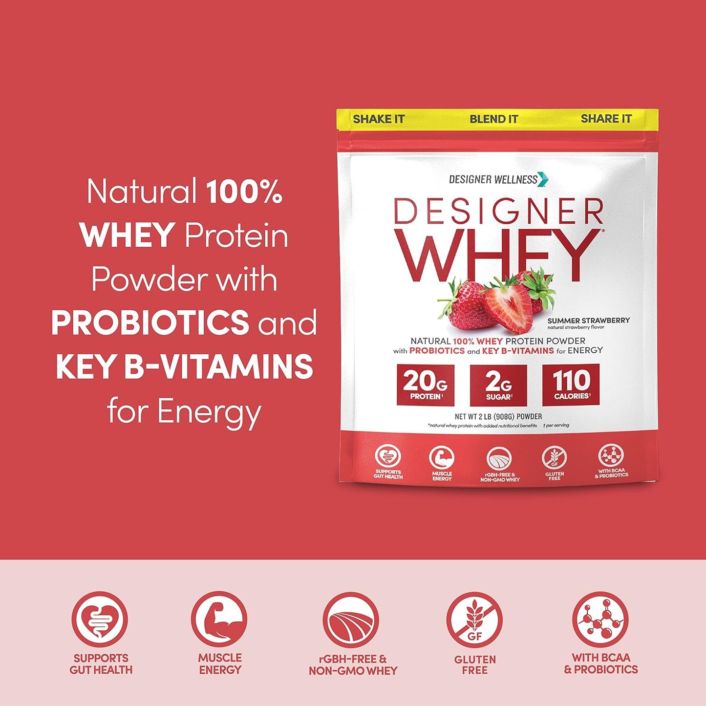 Natural Designer Whey Protein Powder with Probiotics, Fiber, and B-Vitamins - Gluten-Free Summer Strawberry Flavor - 2 lb Jar - Espot.com.au