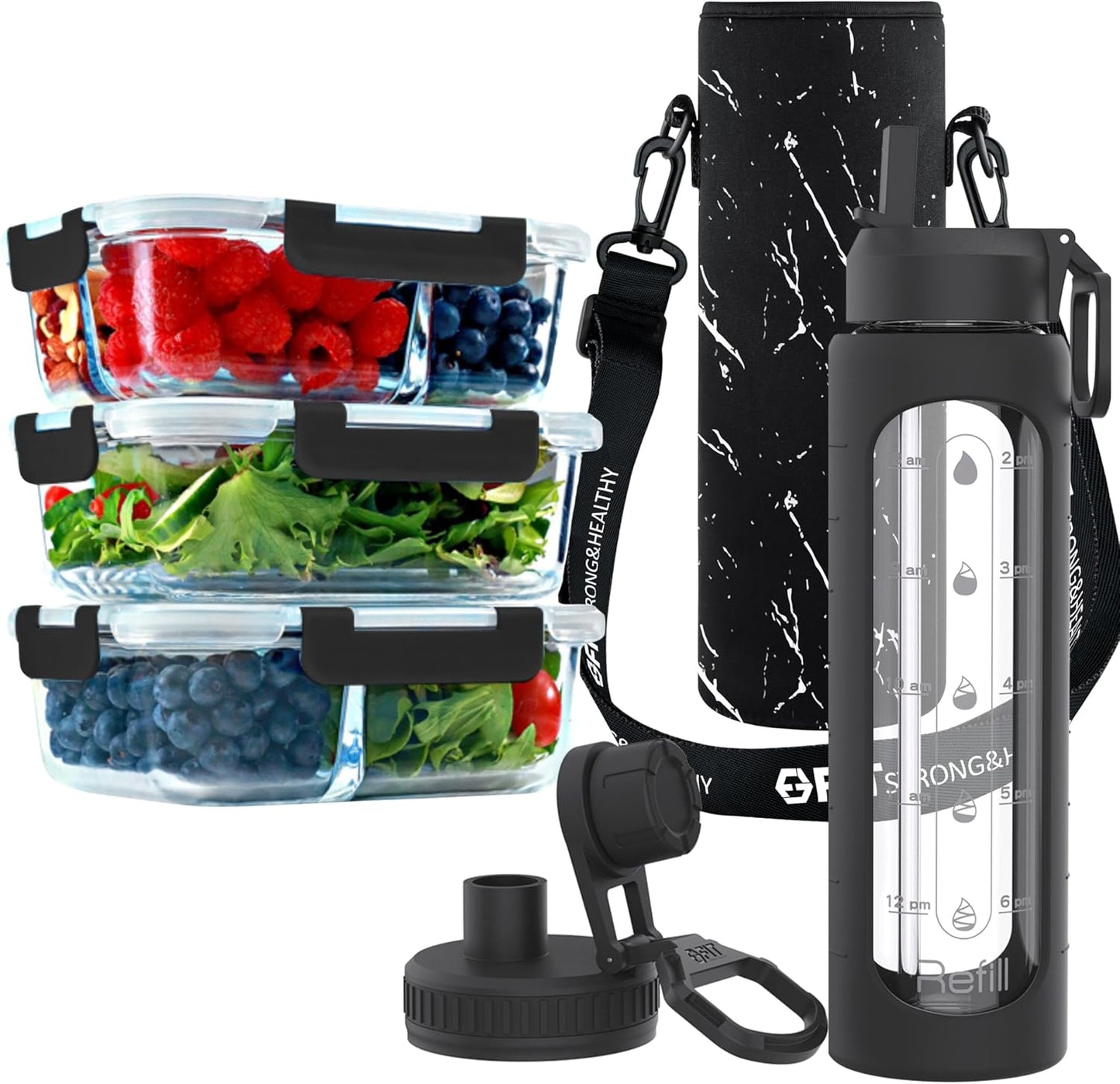 fit-strong-healthy-glass-meal-prep-containers-with-black-lid-32-oz-glass-water-bottle-bundle---3-compartments-straw-lid-time-marker-sleeve-extra-lid-holder-with-strap-1