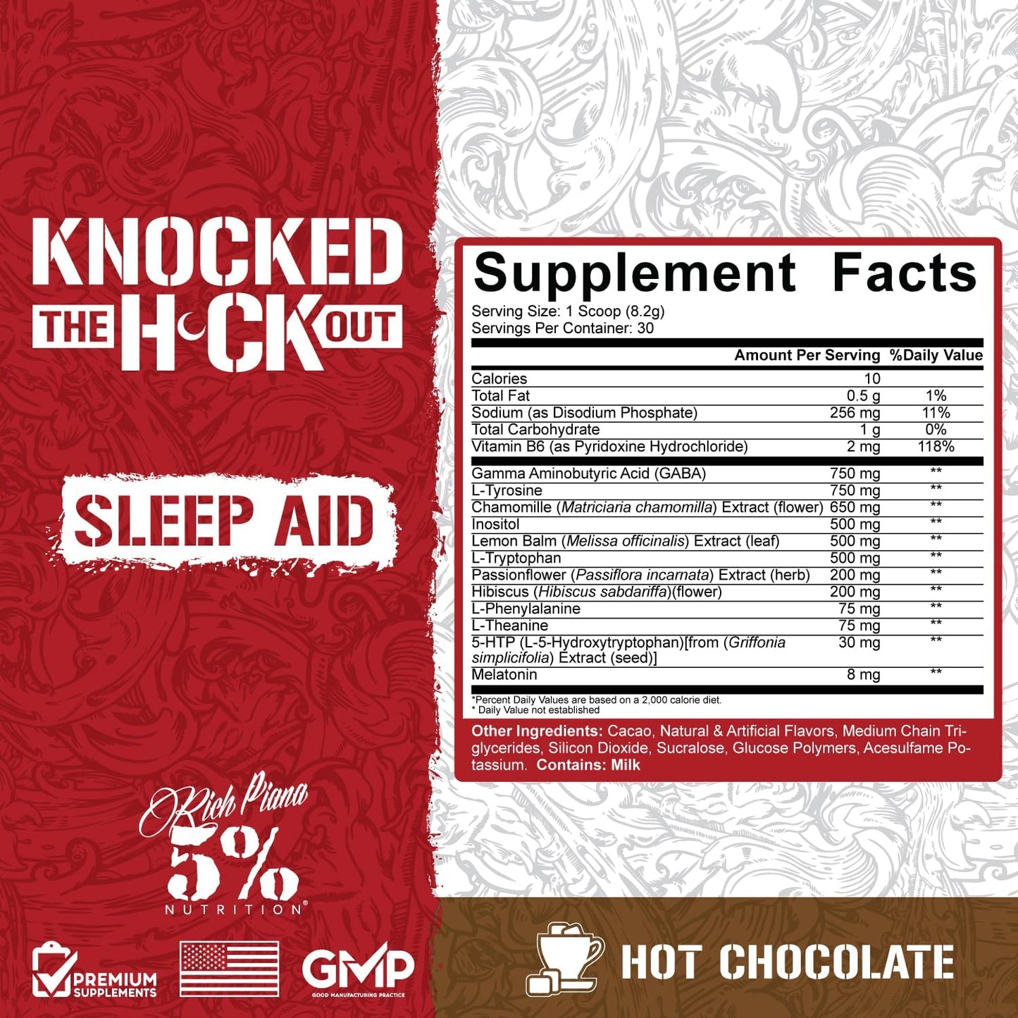 5-nutrition-rich-piana-knocked-out-natural-sleep-aid---post-workout-recovery-deep-sleep-supplement---gaba-melatonin-chamomile-tyrosine-5-htp---84-oz-30-servings---hot-chocolate-flavor-2