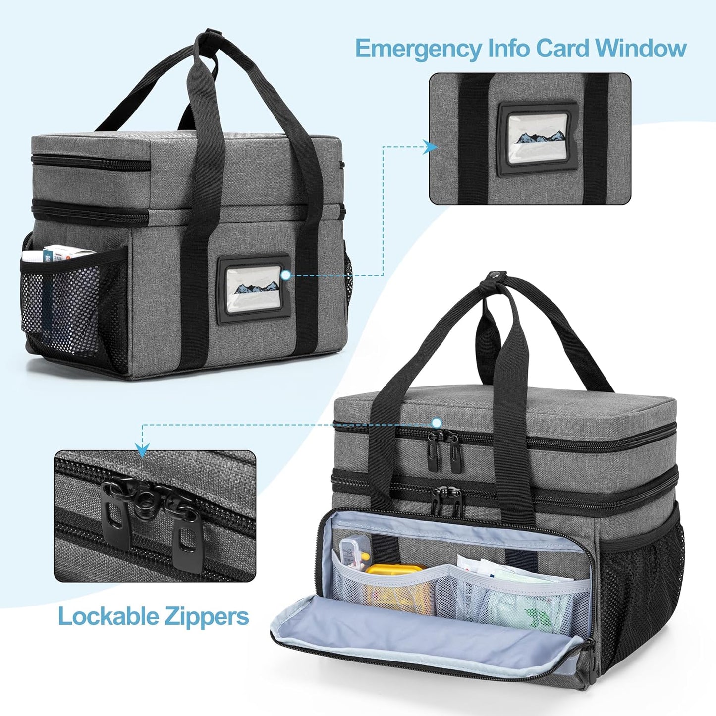 double-layer-pill-bottle-organizer-bag-with-lockable-zippers---medication-storage-case-for-prescription-bottles-and-medical-supplies---gray-patent-design-4