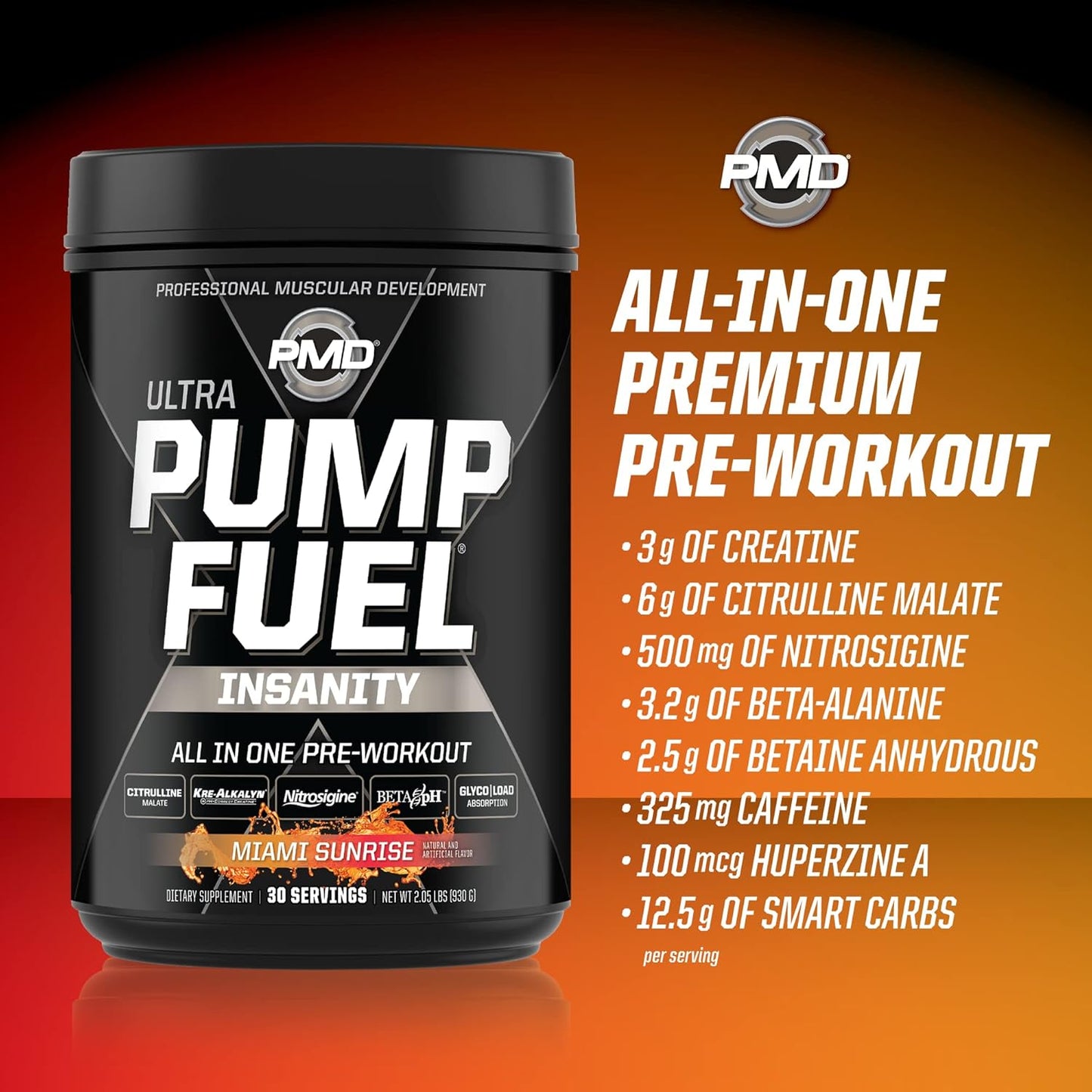 pmd-sports-ultra-pump-fuel-insanity---pre-workout-drink-mix---energy-strength-endurance-recovery---complex-carbs-amino-energy---miami-sunrise-30-servings-7
