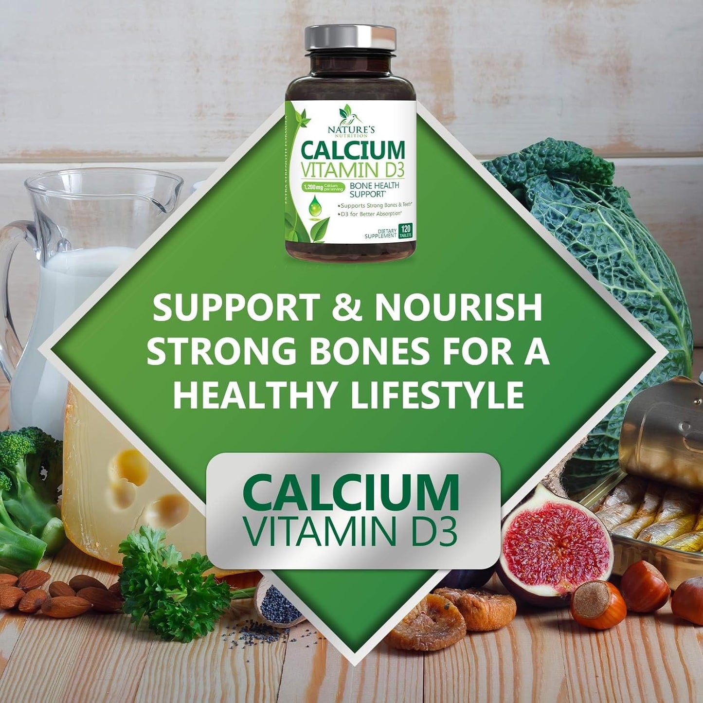1200mg Calcium with Vitamin D3 for Bone Strength & Immune Support - 120 Tablets - Espot.com.au