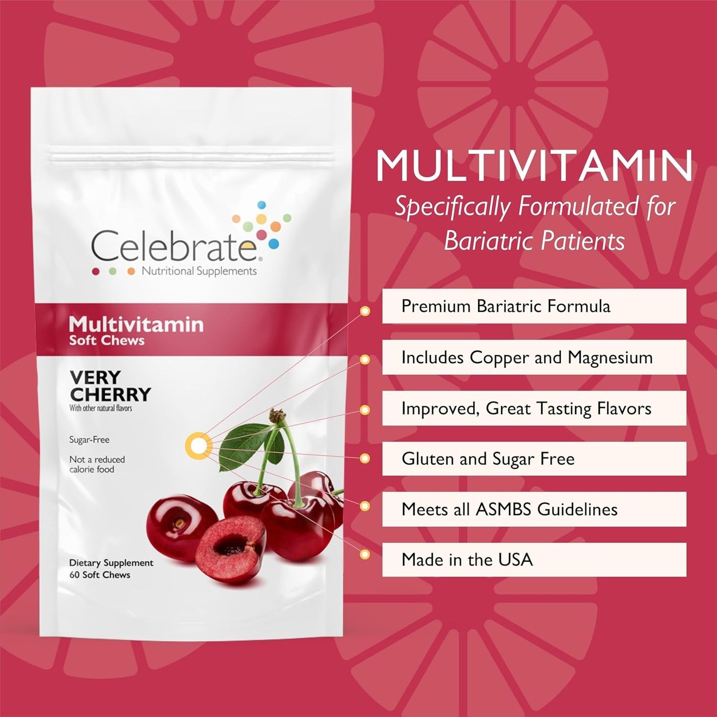 Celebrate Bariatric Supplements Cherry Soft Chews - Essential Vitamins & Minerals for Gastric Bypass & Sleeve Gastrectomy - 60ct - Espot.com.au
