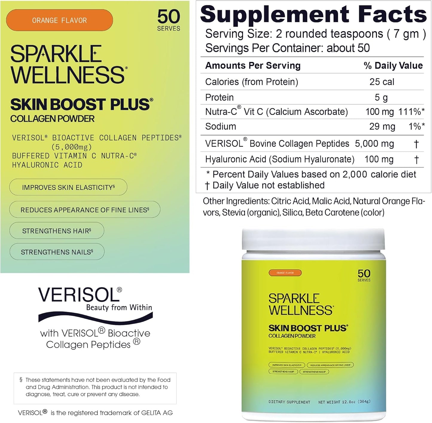 Skin Boost Plus Orange Collagen Powder with VERISOL Bioactive Peptides & Vitamin C - 50 Servings - Espot.com.au