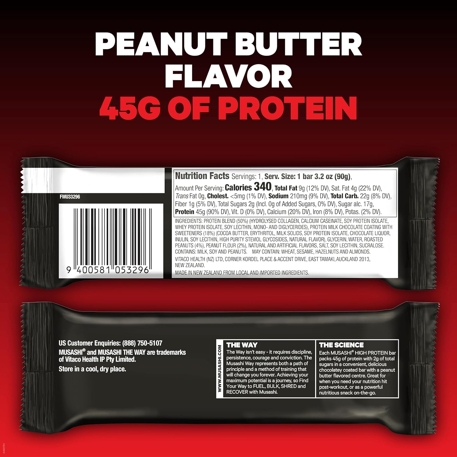 High Protein Peanut Butter & Milk Chocolate Coated Bars - 45g Protein, 2g Sugars - Post Workout Snack - 12 Pack 3.2oz Bars - MUSASHI - Espot.com.au