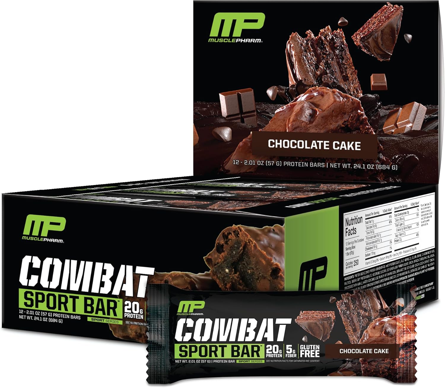 Muscle Pharm Combat Sport Bar, Chocolate Cake Flavor - High Protein Bars with 20g Whey Protein, 5g Fiber, Gluten Free 12 Bars - Combat Cravings & Fuel Performance - Espot.com.au