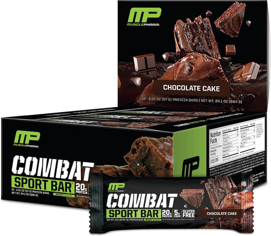 Muscle Pharm Combat Sport Bar, Chocolate Cake Flavor - High Protein Bars with 20g Whey Protein, 5g Fiber, Gluten Free 12 Bars - Combat Cravings & Fuel Performance - Espot.com.au