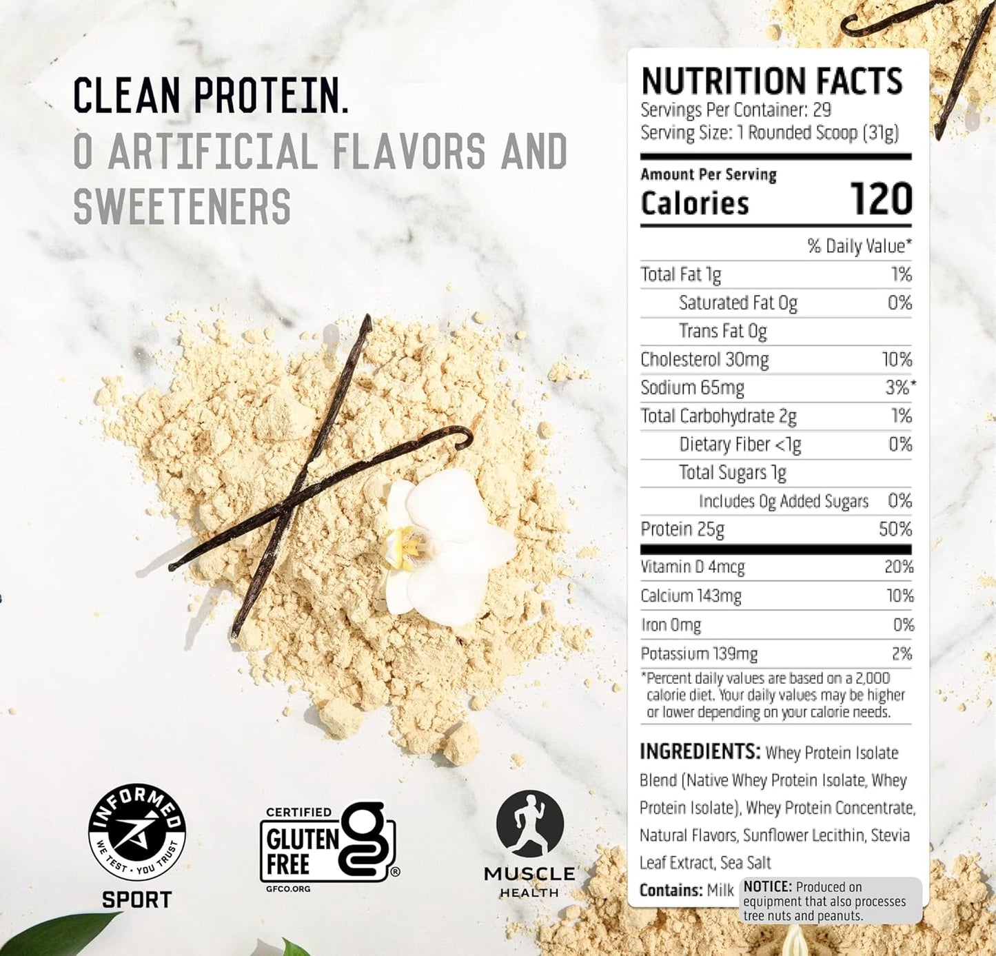 Vanilla Bean Whey Protein Powder - 100% Isolate, Zero Artificial Ingredients, Gluten & Soy Free, 5.5g BCAA, 2.6g Leucine - 2lb - Espot.com.au