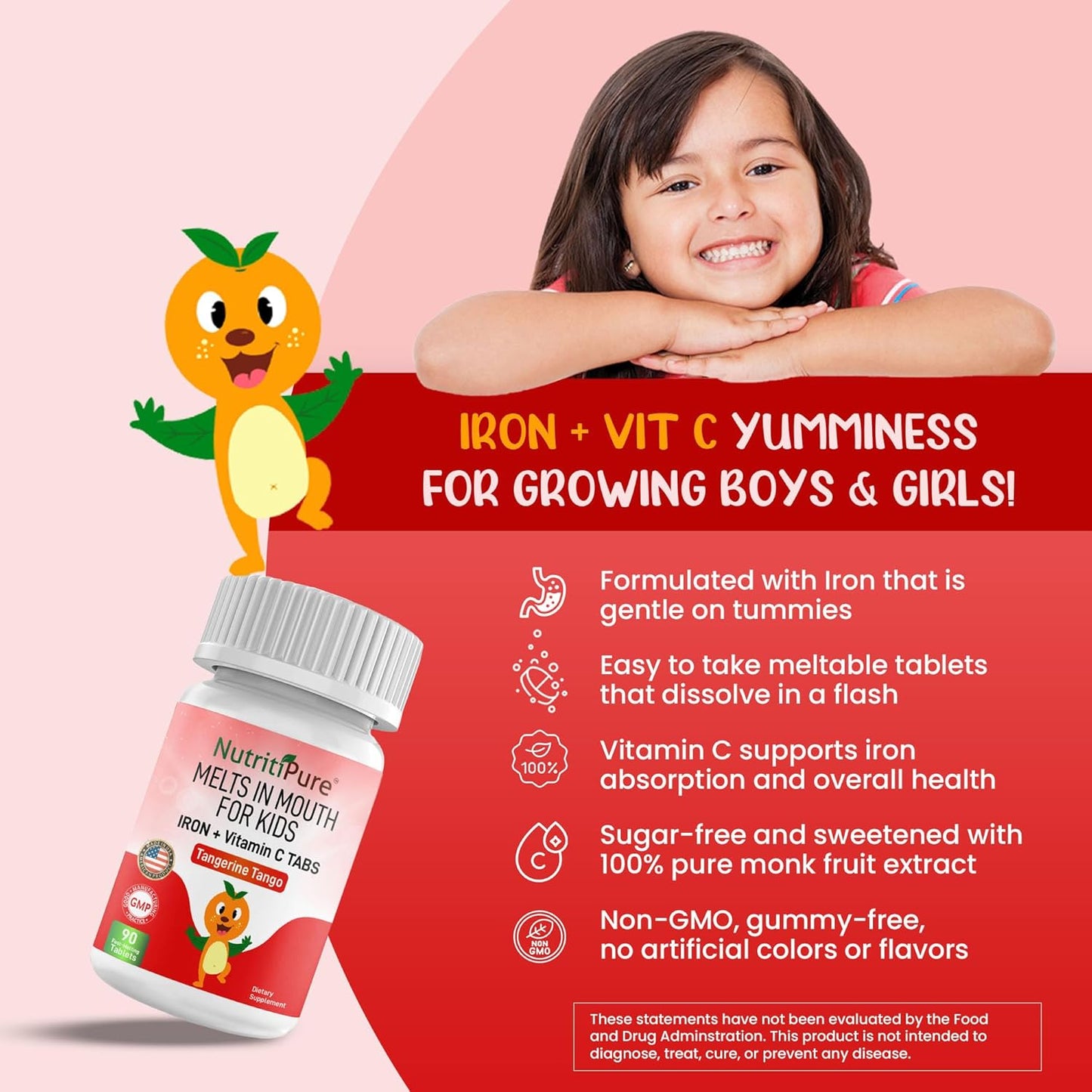 NutritiPure Kids Chewable Iron Supplements with Vitamin C - 90 Tablets, Tangerine Tango Orange Flavor, 9mg Ferronyl/Carbonyl Iron - Pediatric Iron Supplement - Espot.com.au