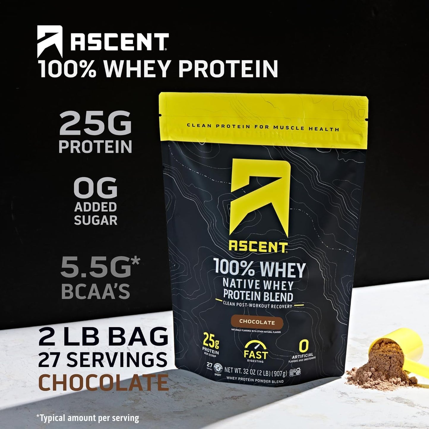 Chocolate Whey Protein Isolate Powder - 100% Ascent Whey Protein, Post Workout Supplement, Gluten-Free with BCAAs and Essential Amino Acids, 2lb - Espot.com.au