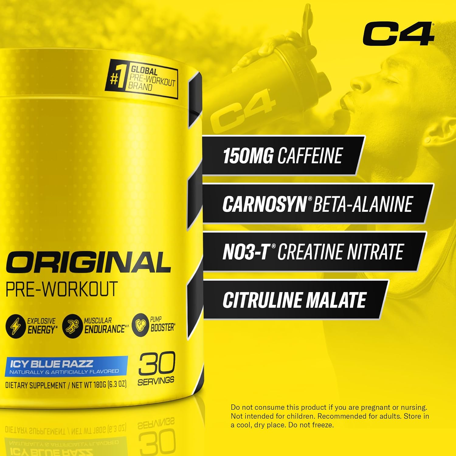 Cellucor C4 Original Icy Blue Razz Pre Workout Powder - Sugar Free Energy Boost for Men & Women - Immune Support with Vitamin C - 30 Servings - Espot.com.au