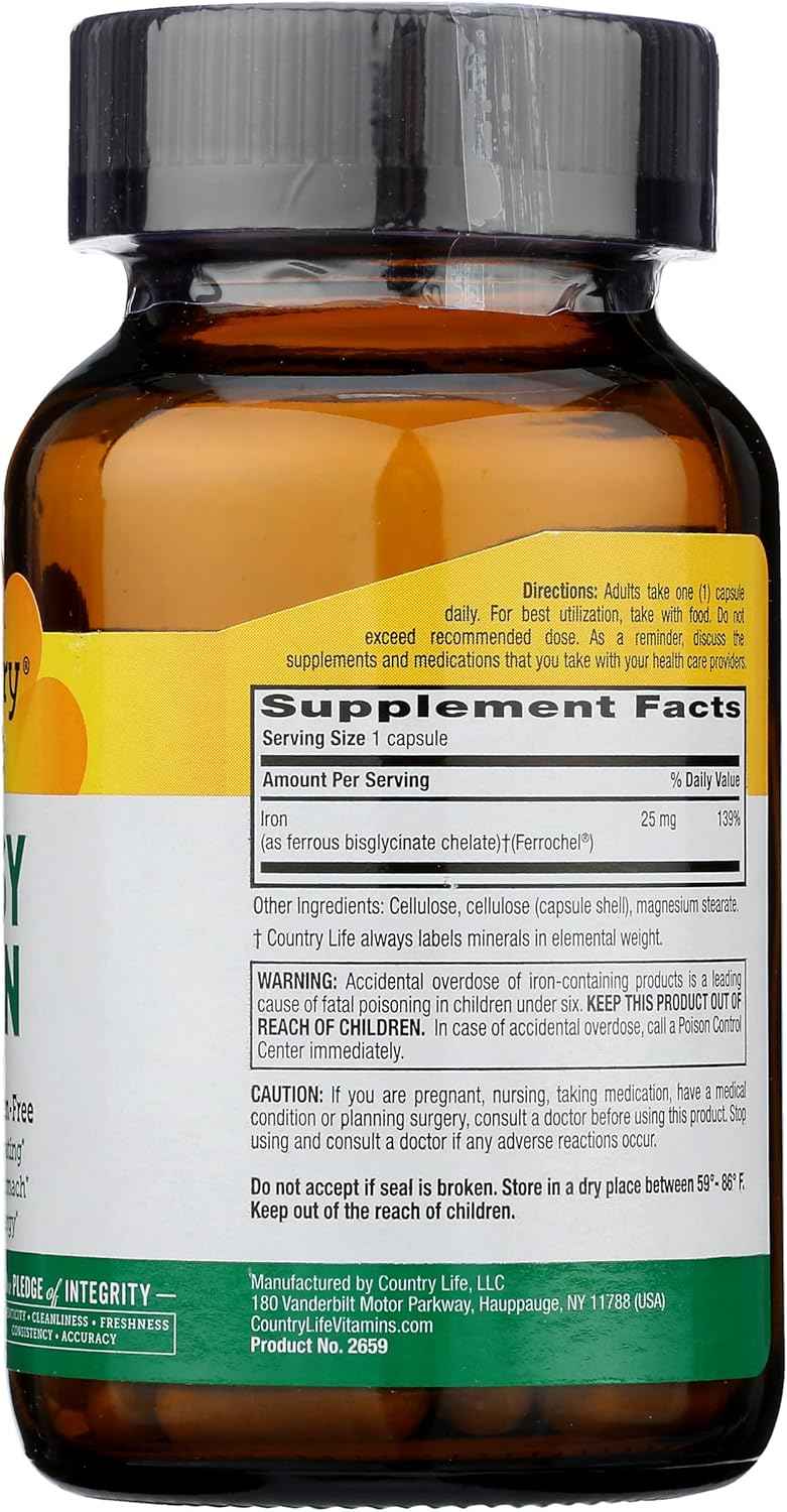 Country Life Easy Iron Capsules - 25mg Ferrochel Supplement for Women & Men - Non-Constipating Vegan Multivitamin for Energy Support