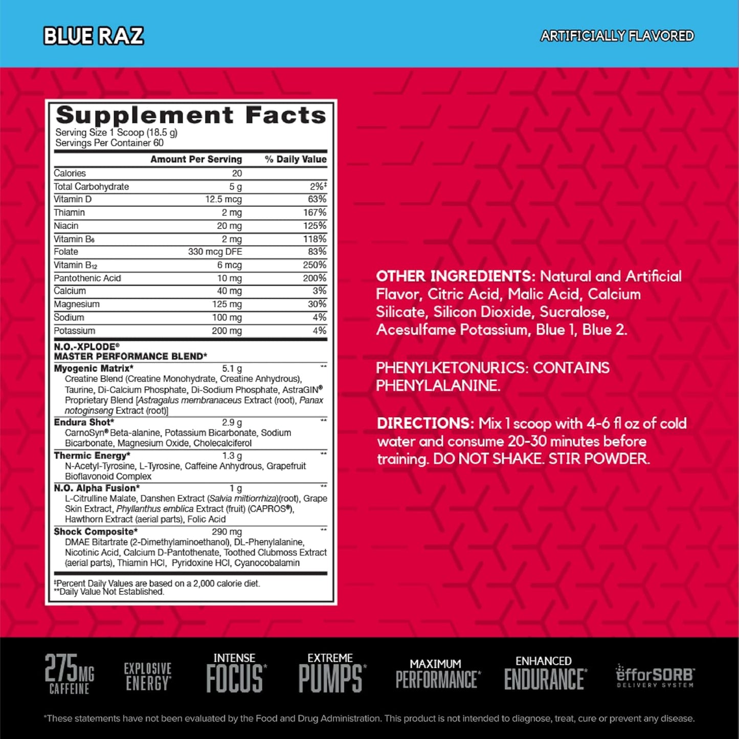 BSN N.O.-XPLODE Blue Raz Pre Workout Powder - Energy Supplement with Creatine & Beta-Alanine for Men and Women, 60 Servings - Espot.com.au