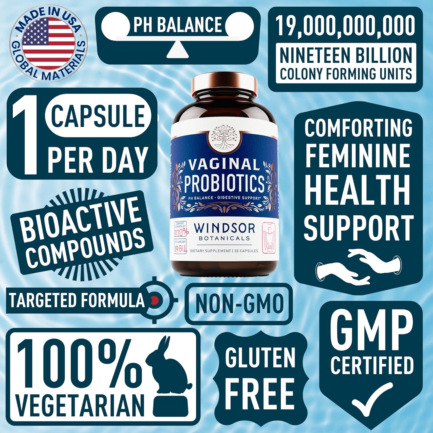 Feminine Balance Complex Probiotics - 19Bil CFU Lactobacillus Salivarius for PH Balance, Digestive & Gut Health - BV Support Supplements - 30 Capsules by WINDSOR BOTANICALS - Espot.com.au