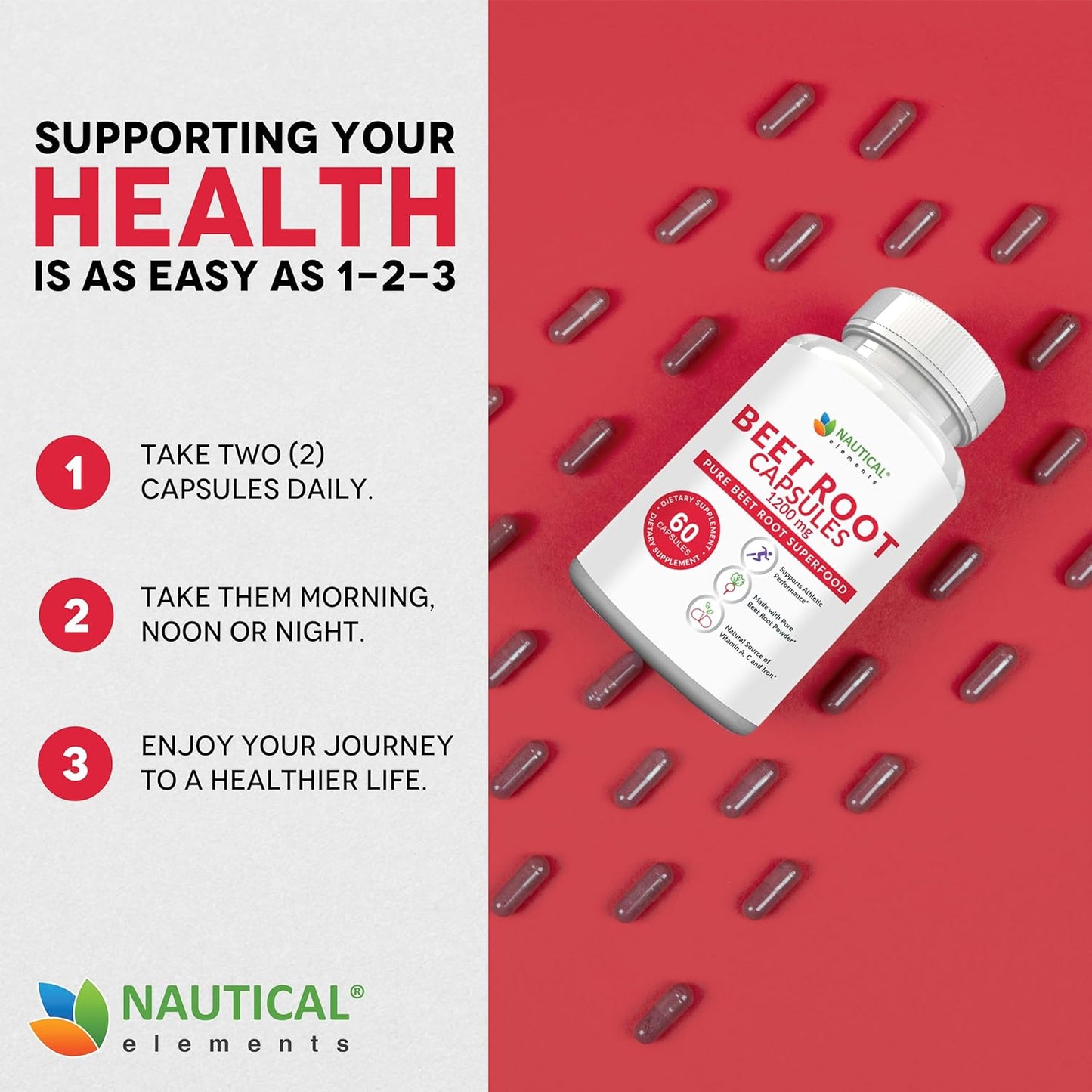 1200mg Nautical Elements Beet Root Powder Capsules - 60 Capsules for Blood Pressure, Athletic Performance, Digestive & Immune Support - Pure, Non-GMO & Gluten Free - Beetroot Supplement - Espot.com.au