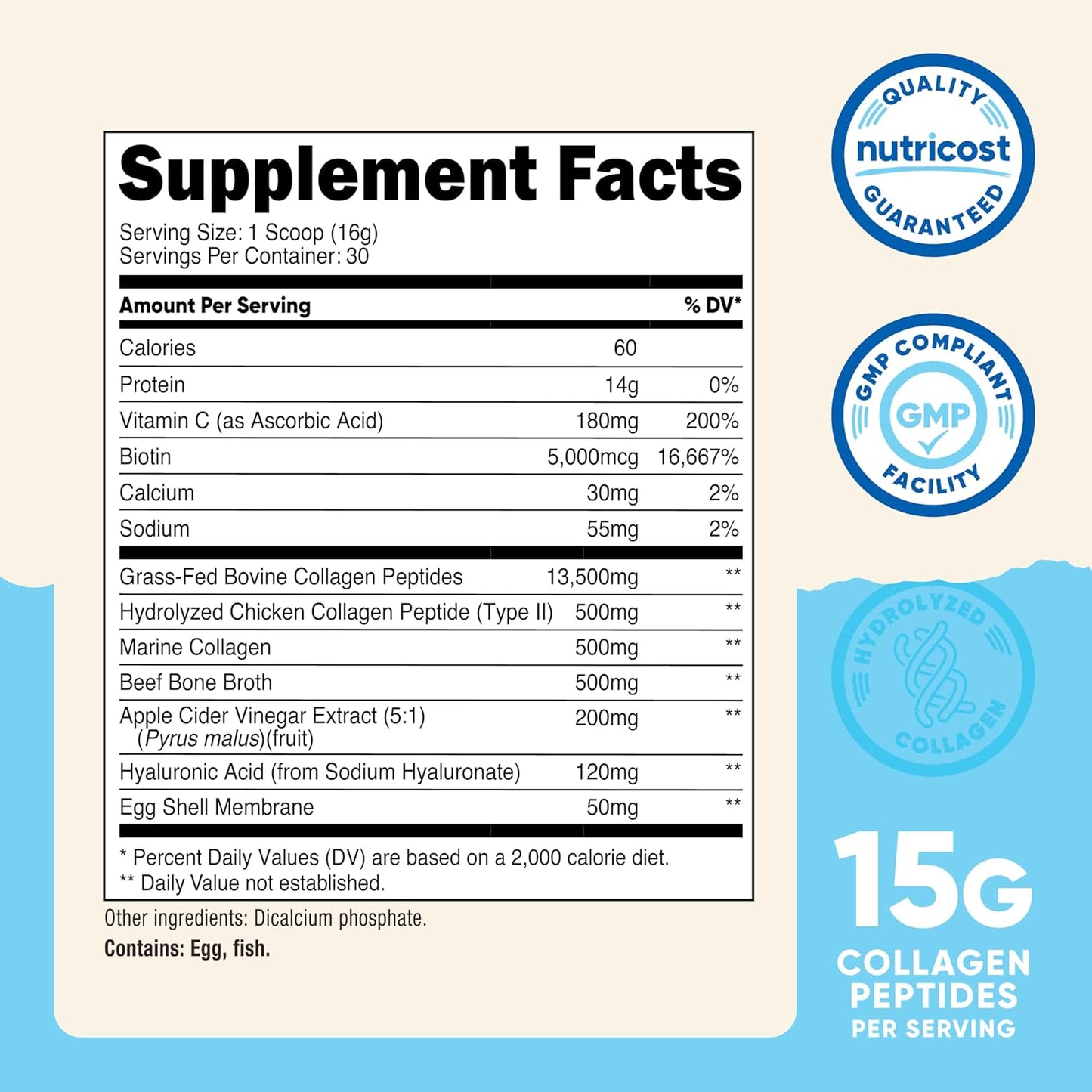 Nutricost Multi Collagen Protein Complex with Biotin and Hyaluronic Acid - Unflavored Supplement, 30 Servings - Espot.com.au