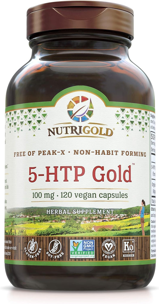 Nutrigold 5-HTP 100mg - 120 Vegetarian Capsules, Pure Extract Free of Peak-X, GMOs, & Allergens - High Quality Supplement - Espot.com.au