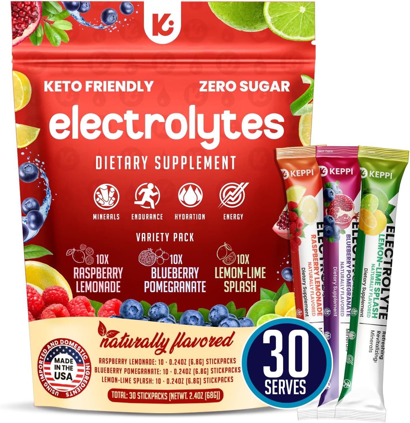 USA-Made Keppi Keto Electrolytes Powder - Sugar-Free Hydration & Recovery - Raspberry Lemonade, Blueberry Pomegranate, Lemon Lime - Advanced Formula - Espot.com.au