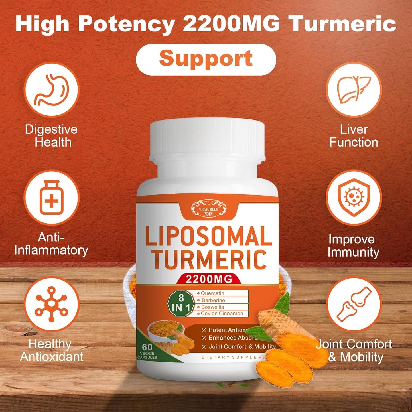 2200mg Liposomal Turmeric Curcumin Supplement with Black Pepper & Ginger - Joint Support - 95% Curcumin Extract - 60 Capsules - Espot.com.au