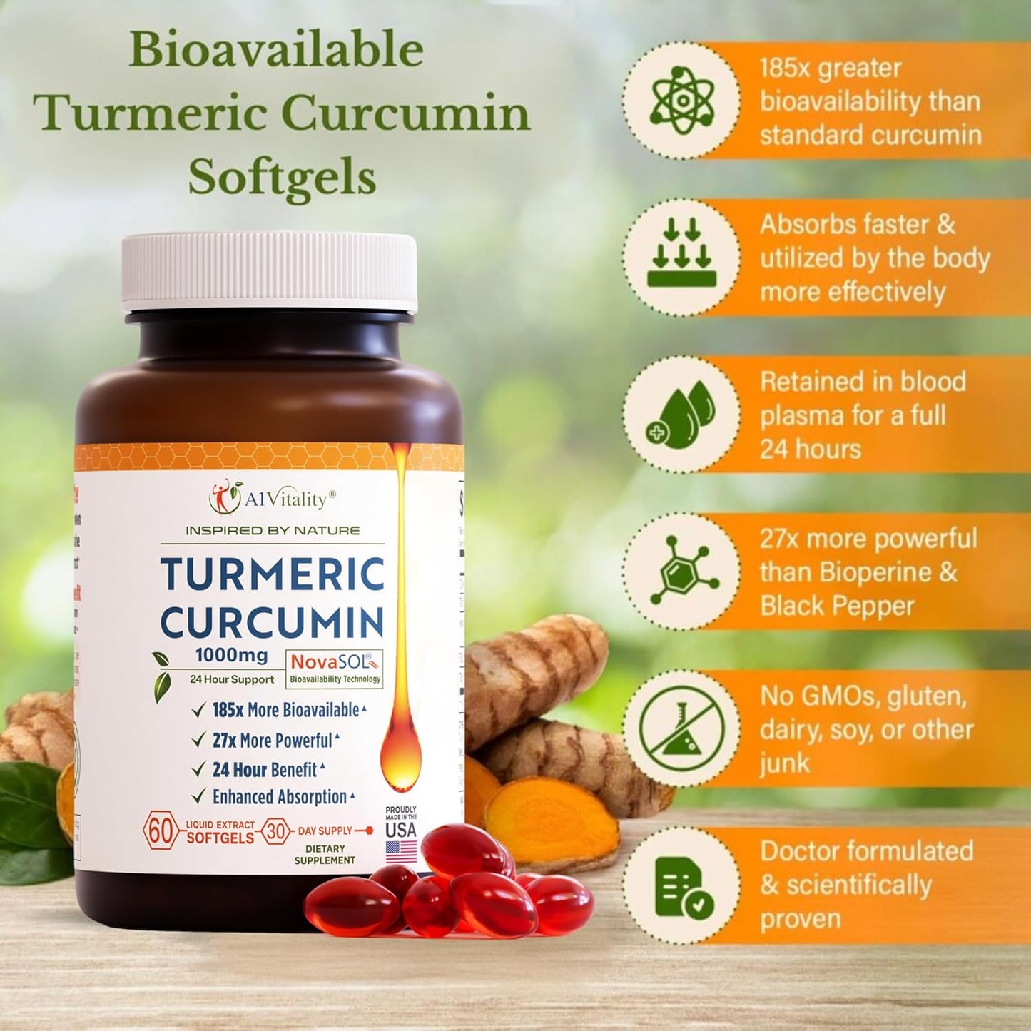 High Potency Turmeric Curcumin Softgels for Joint Support - Advanced NovaSOL Formula with 1000mg - Enhanced Bioavailability - Natural Supplement - Espot.com.au