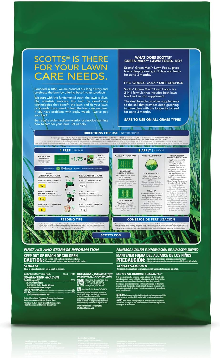 Scotts Green Max Lawn FoodFL Fertilizer with Iron Supplement - 10,000 sq. ft. Coverage for Greener Grass - 30.30 lbs. - Espot.com.au