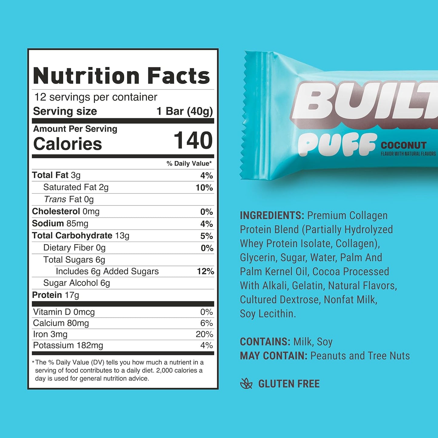 Built Bar Coconut Puff Protein Bars - High Protein Snacks, On-The-Go Bars - 12 Count, 17g Protein, 140 Calories, 6g Sugar - Collagen, Gluten Free - Espot.com.au