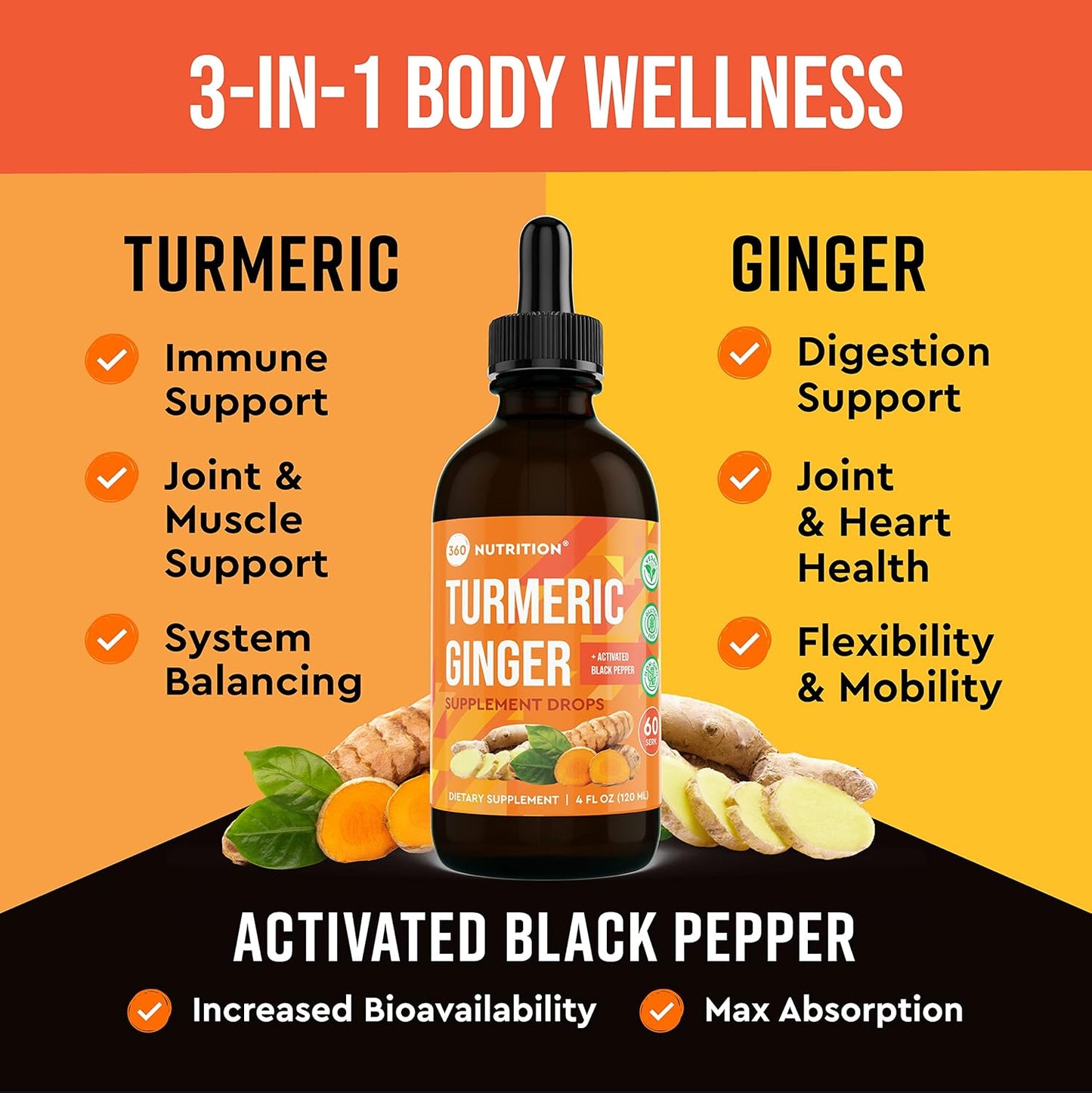 Vegan Turmeric and Ginger Supplement Drops with Black Pepper for Joint Support and Gut Health - 4 fl oz, 60 Servings - Keto-Friendly and Caffeine Free - Espot.com.au