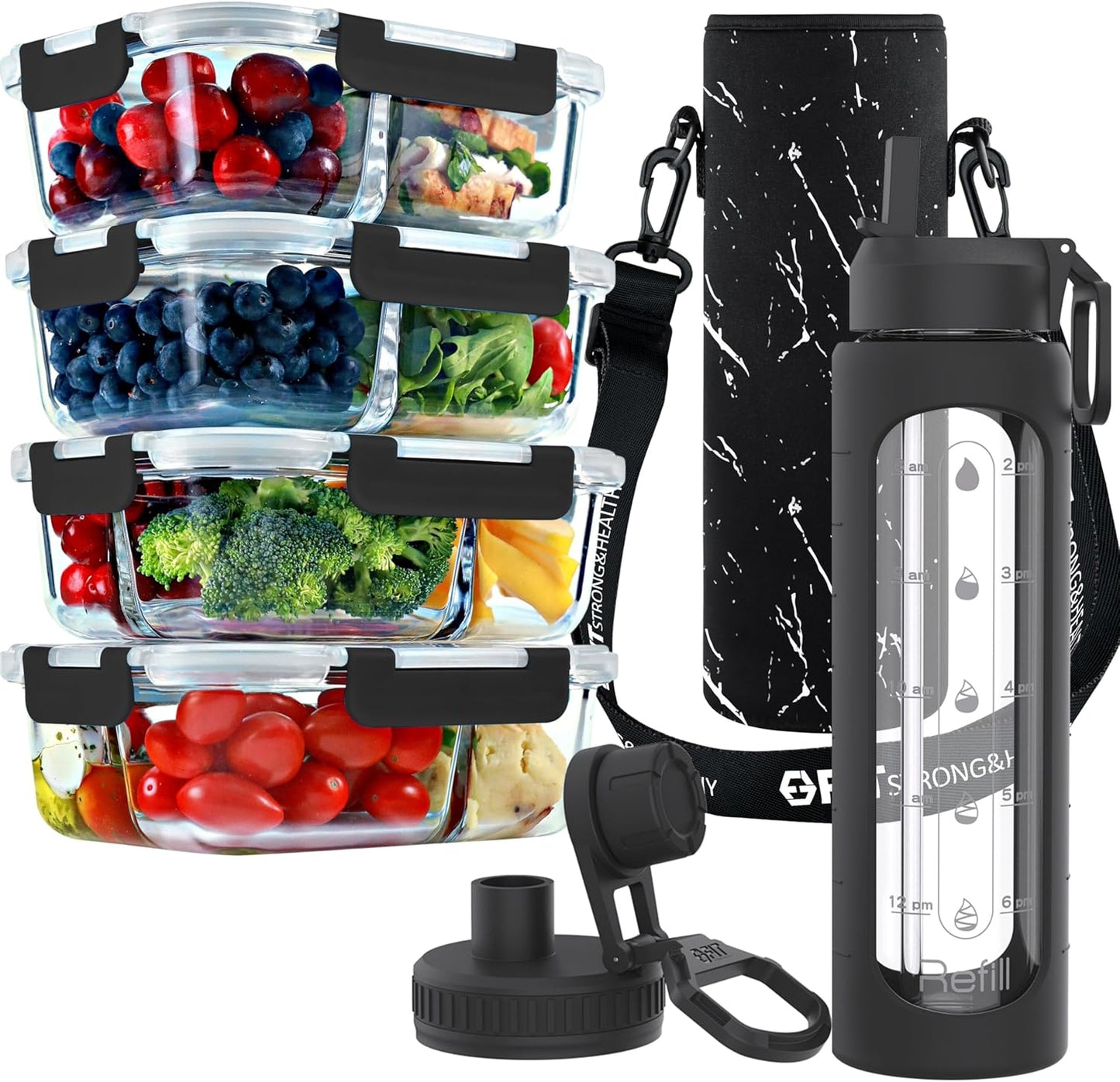 fit-strong-healthy-glass-meal-prep-containers-water-bottle-bundle---4-pack-32-oz-containers-straw-lid-time-marker-sleeve-holder-with-strap-1