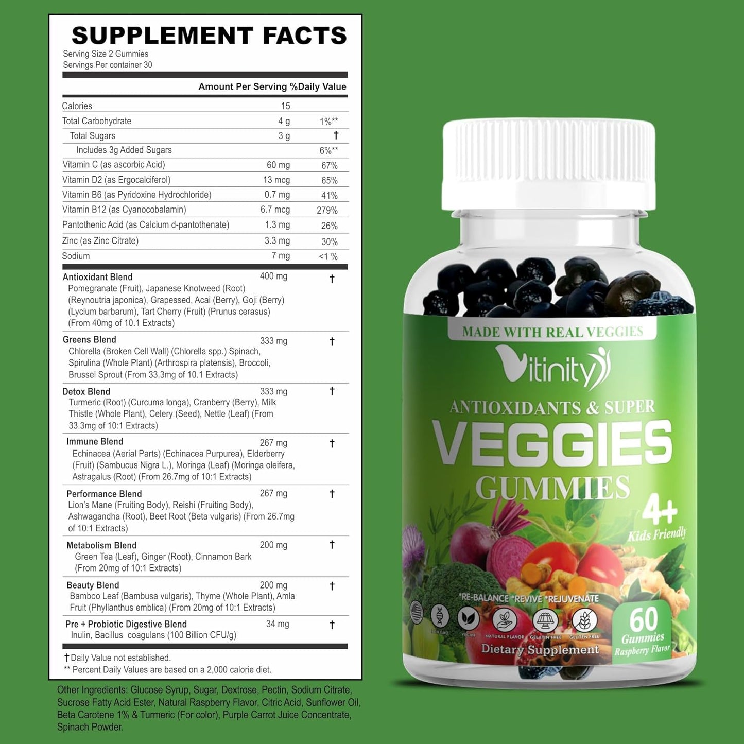 VITINITY Veggies Gummies Supplement with 30 Super Veggies, Fruits & Herbs - 120 Chews, Non-GMO, Gluten-Free - 60 Day Supply - Espot.com.au