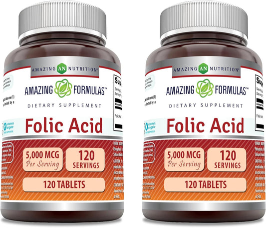 High Potency Folic Acid Supplement 5000 Mcg - 240 Tablets, Non-GMO, Gluten Free - Made in USA - 2 Pack - Espot.com.au