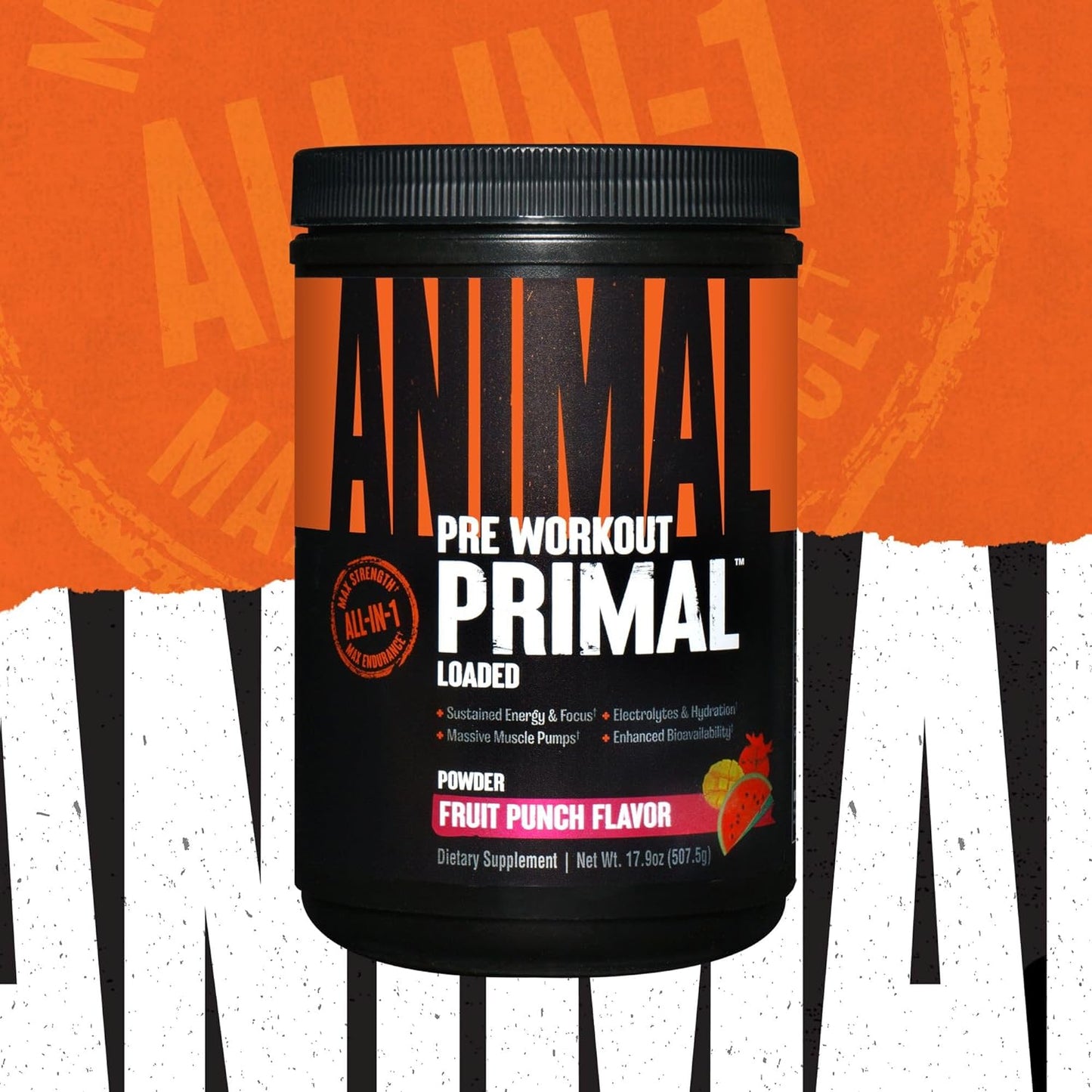 Primal Animal Muscle Hydration and Preworkout Powder with Beta Alanine, Caffeine, and Electrolytes for Improved Energy, Focus, and Endurance - Fruit Punch Flavor - 17.9 oz - Espot.com.au