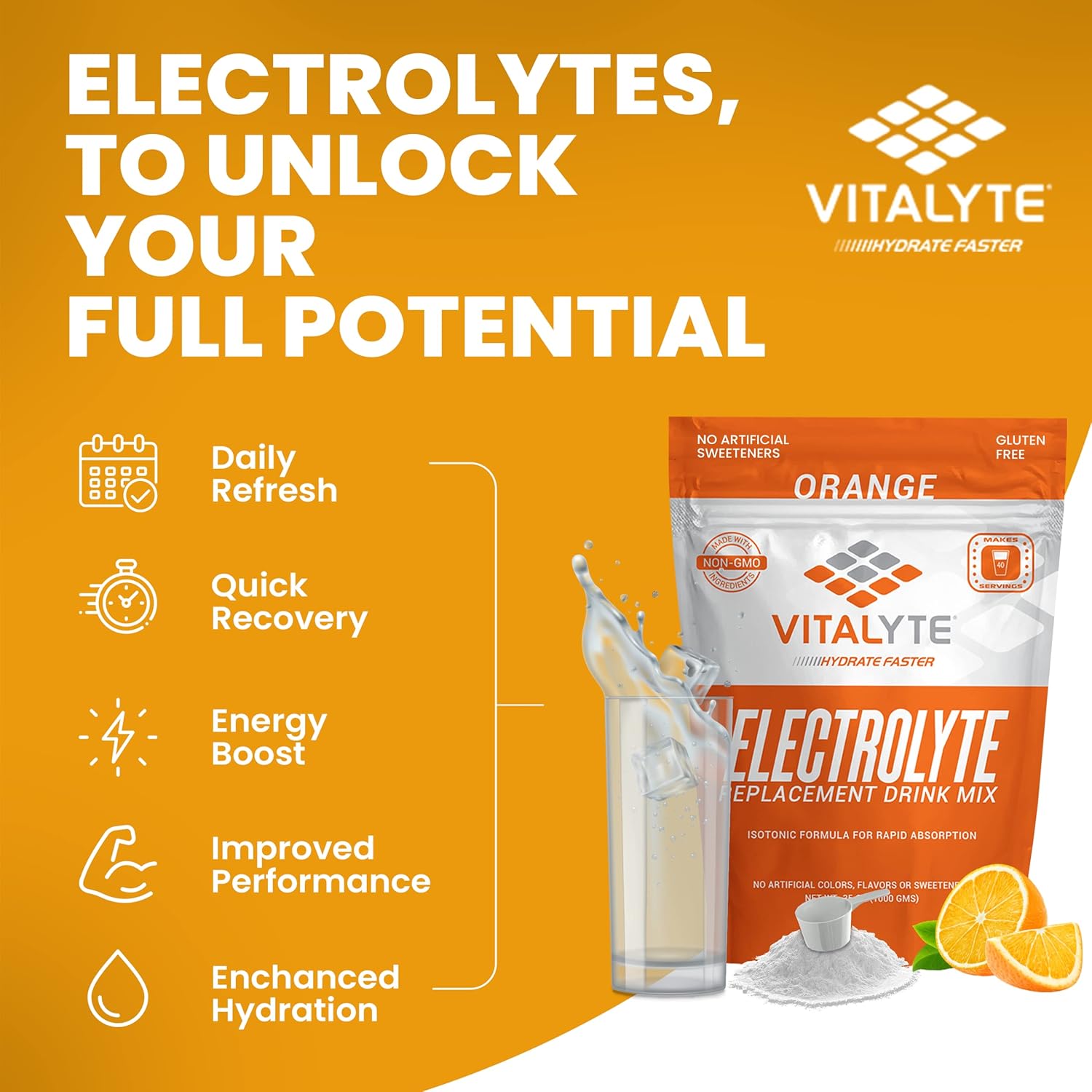 Isotonic Electrolyte Powder Drink Mix for Post Workout Hydration - Orange Flavor, Gluten Free, 35 oz. Pack - Espot.com.au