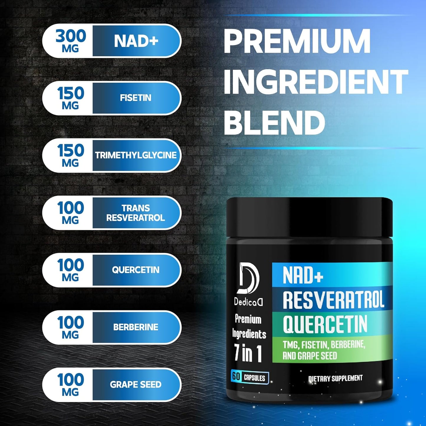 1000mg DEDICAD NAD+ Supplement with Resveratrol, Quercetin, Berberine, Fisetin, TMG, Grape Seed - Energy, DNA Repair, Aging Defense, Brain Function - 60 Capsules - Espot.com.au