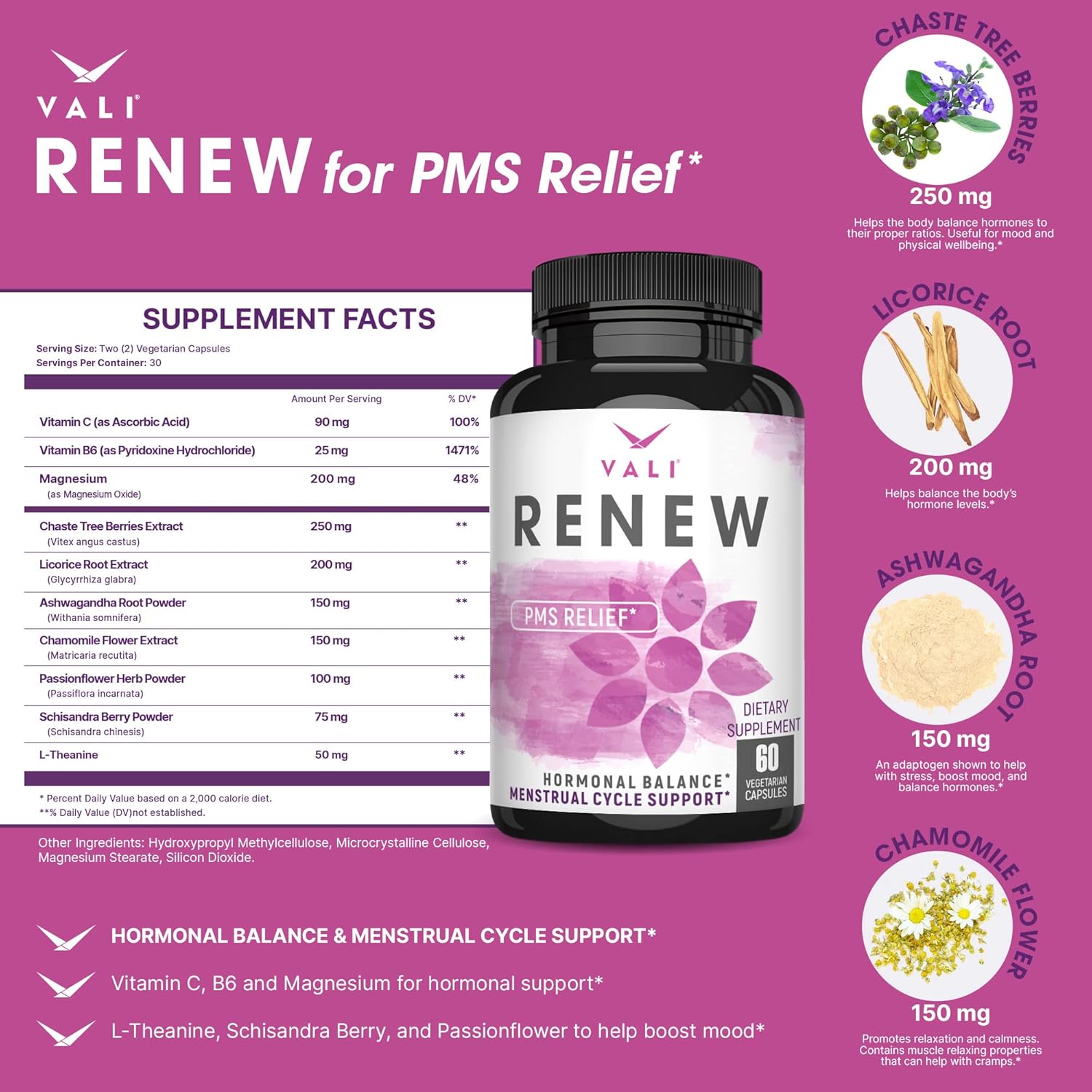VALI Renew PMS Relief Supplement - Herbal Formula for Women's Menstrual Cycle Support - 60 Veggie Capsules for Cramps, Mood & Hormone Balance - Espot.com.au